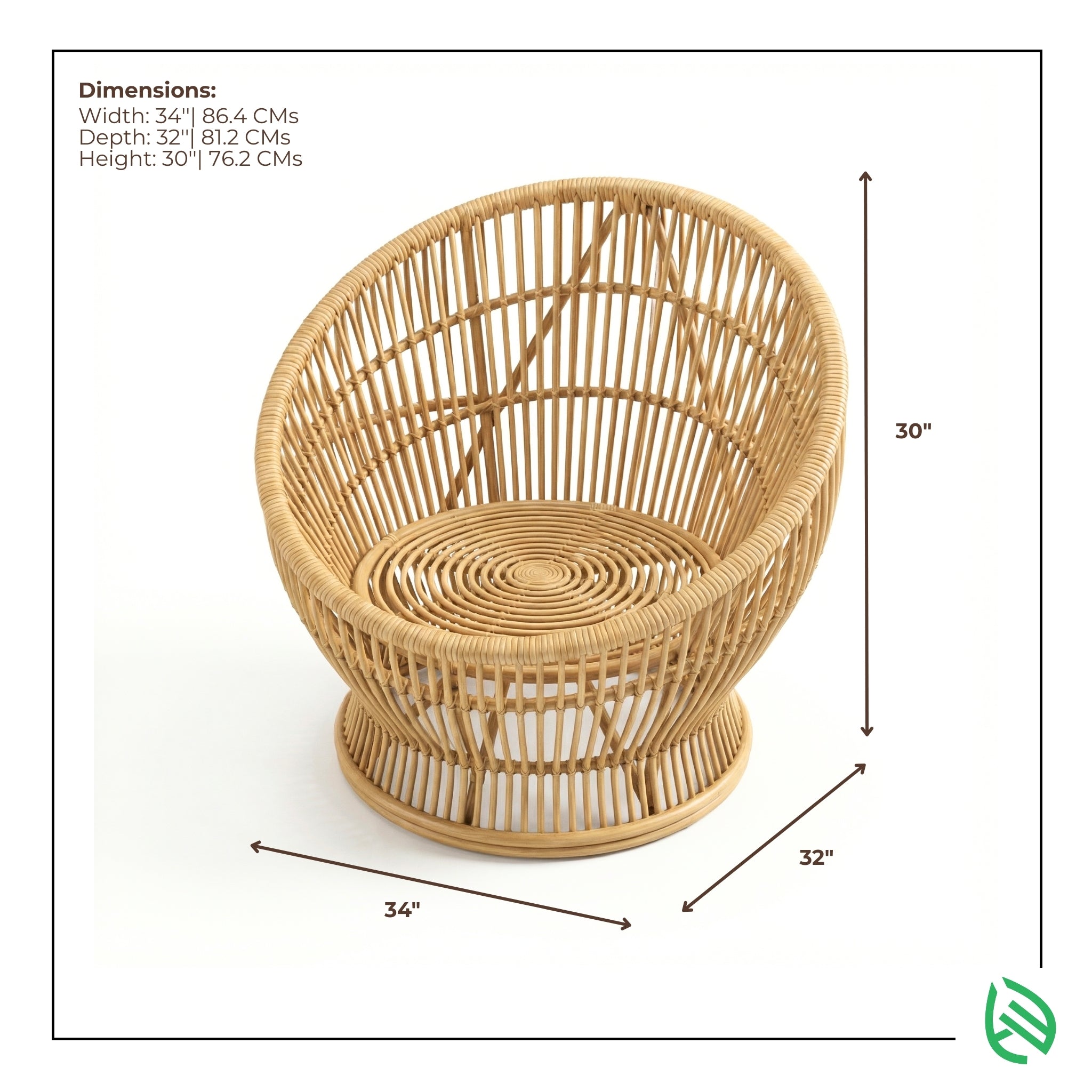 Wicker chair with dimensions labeled on a white background
