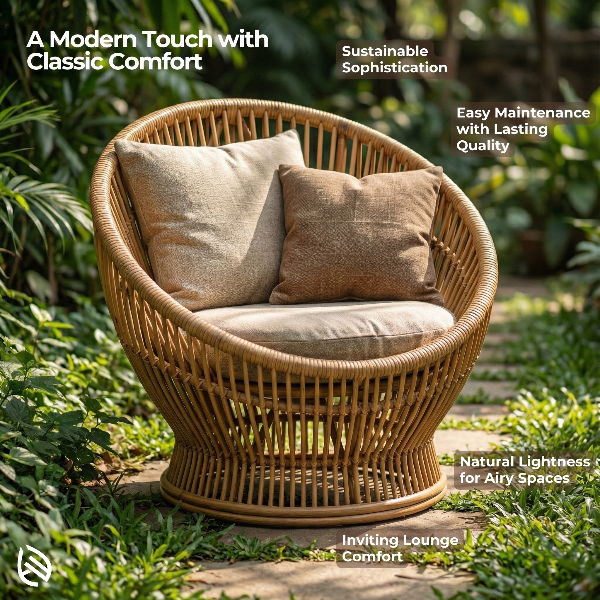 Wicker chair with cushions in a garden setting, surrounded by greenery.