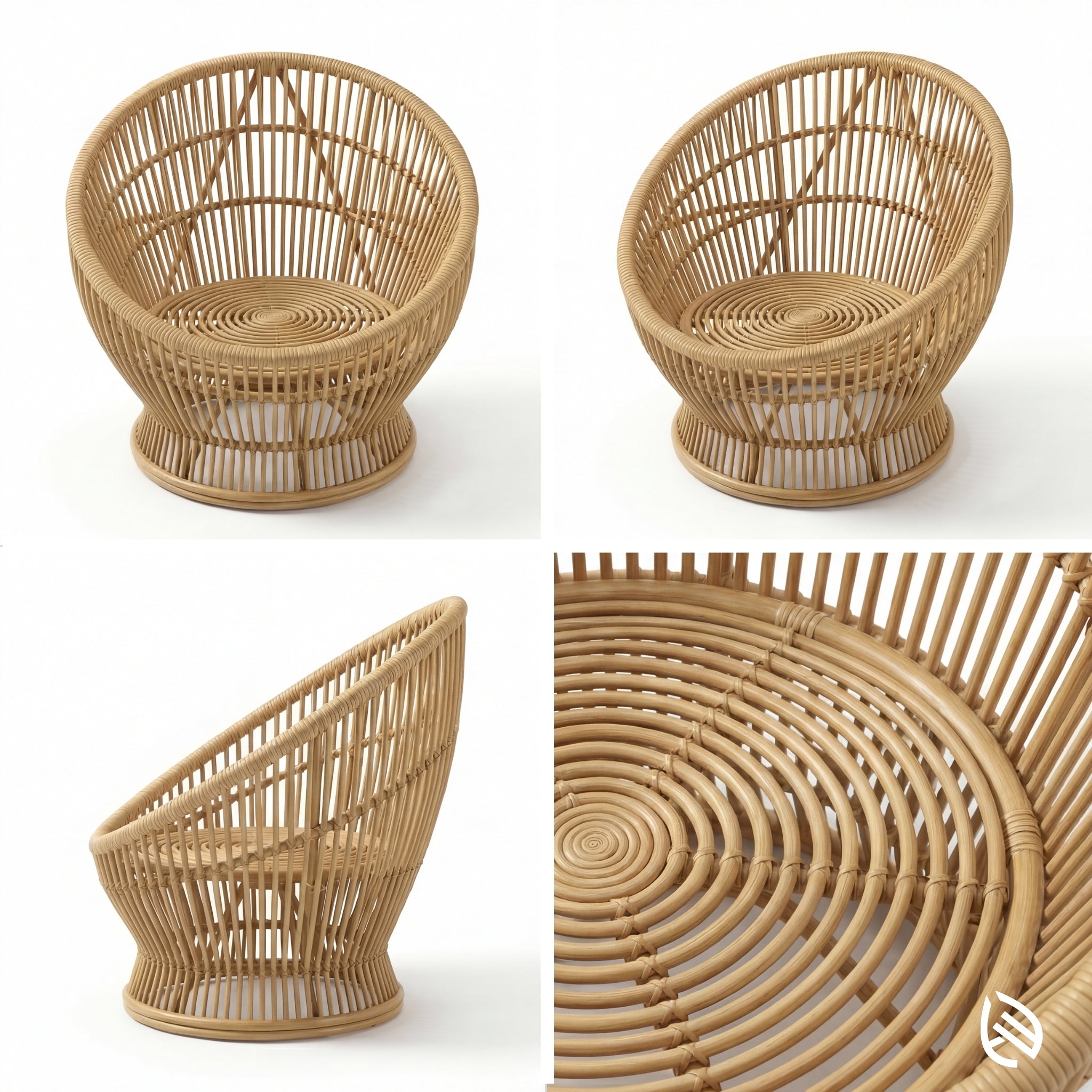 Wicker chair shown from multiple angles on a white background