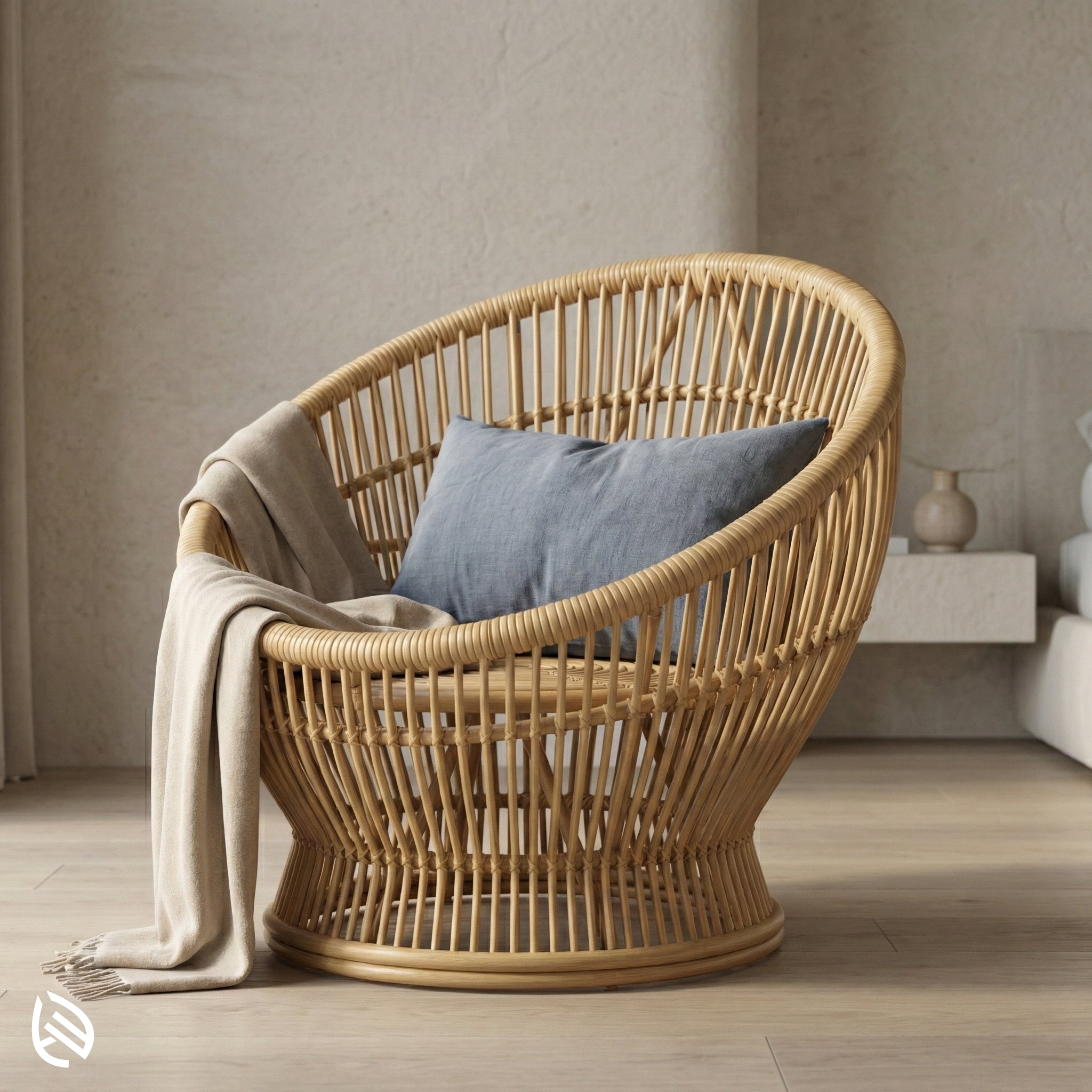 Wicker chair with a blue cushion and beige blanket in a room setting