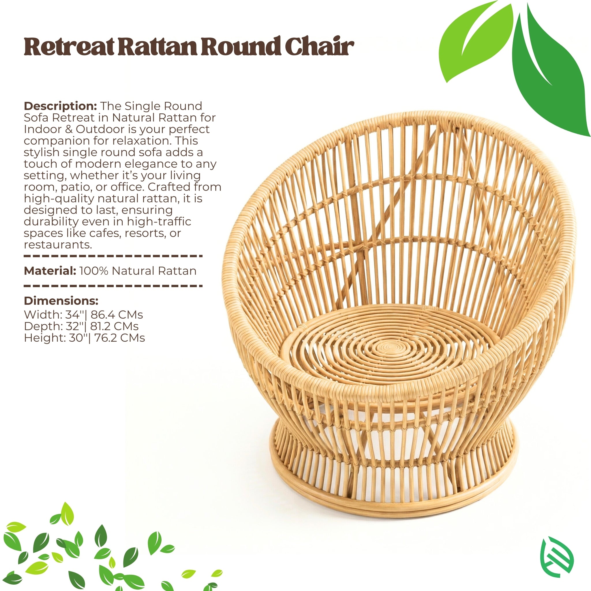 Retreat Rattan Round Chair with product details on a white background