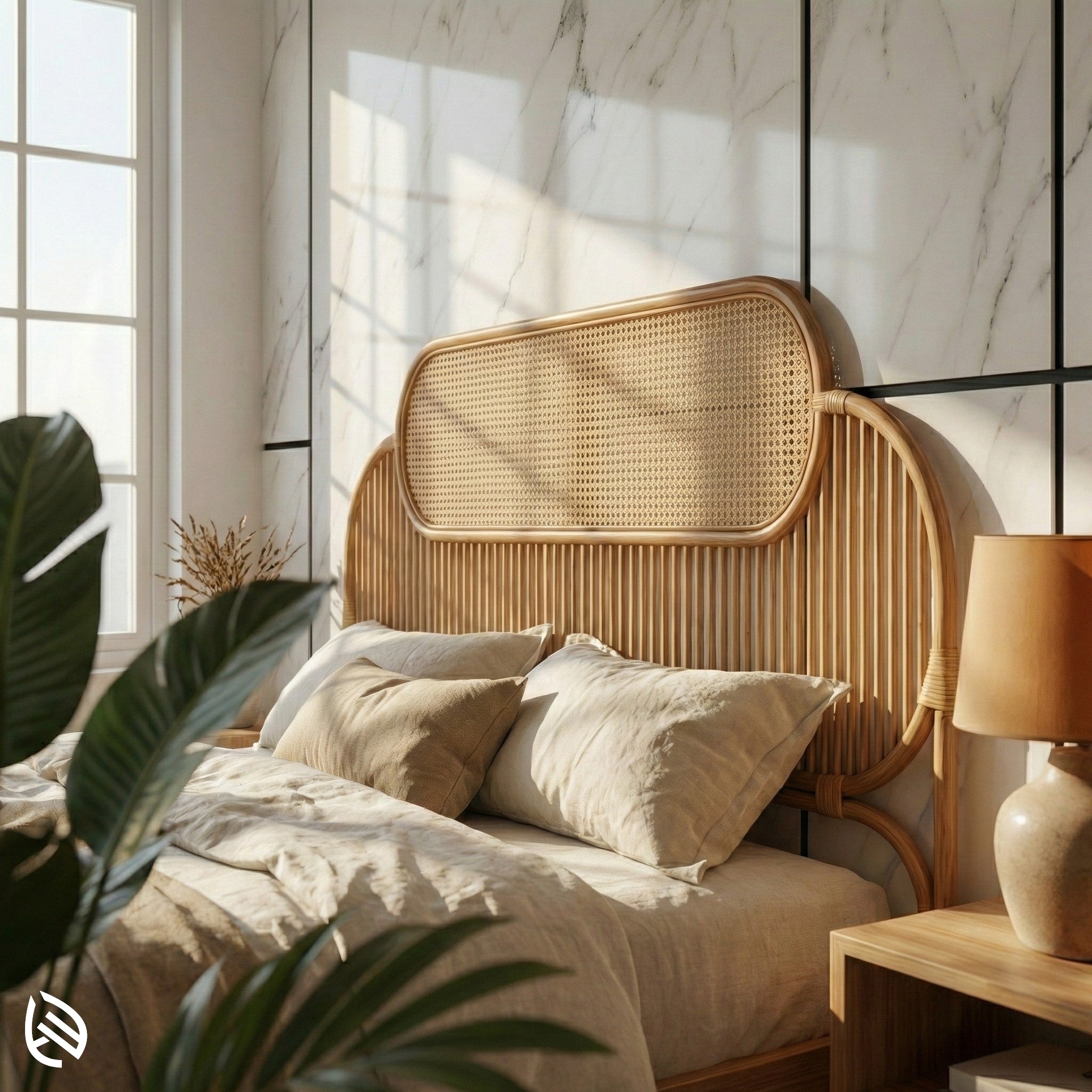 Bedroom with a rattan headboard, pillows, and a lamp.