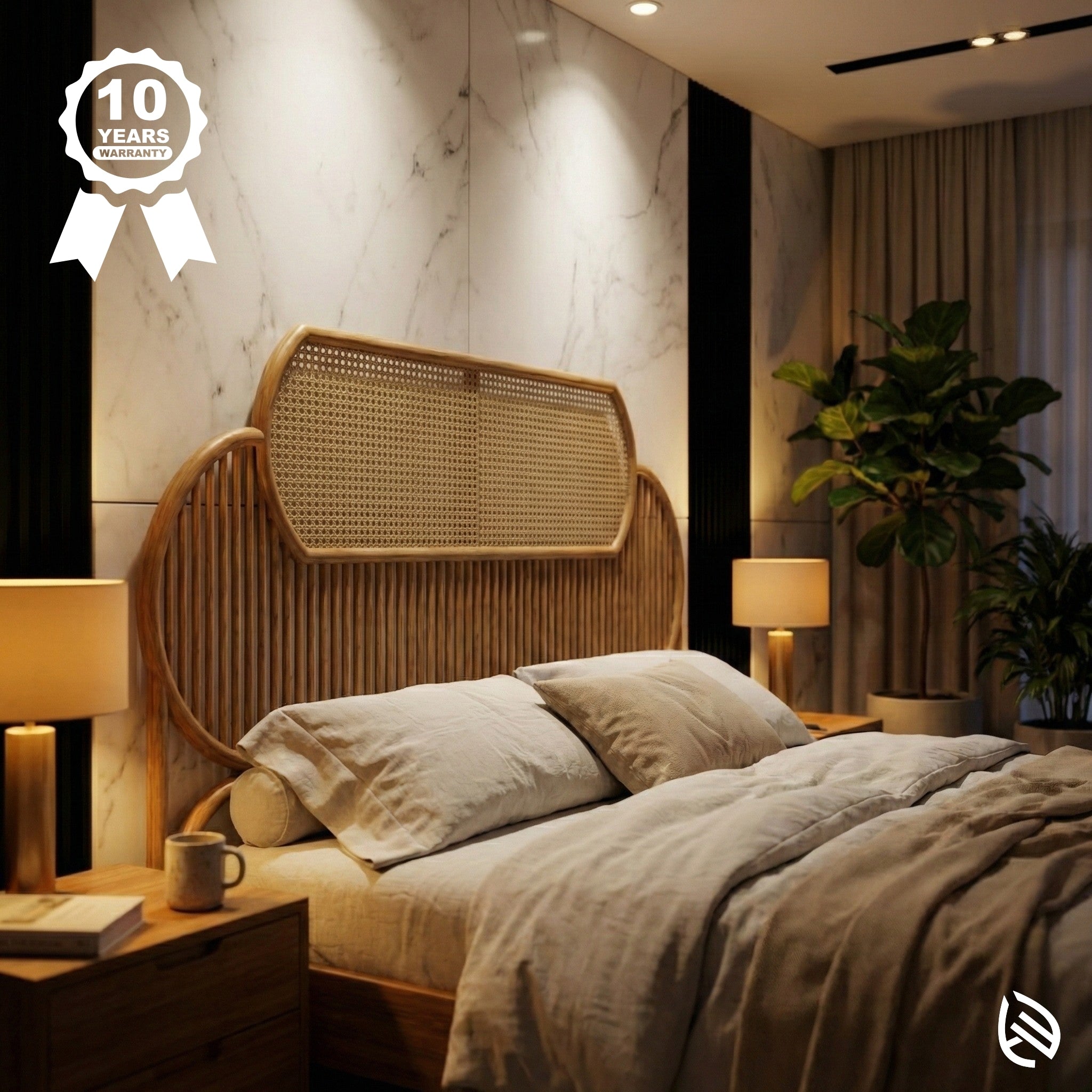 Cozy bedroom with a wooden headboard, pillows, and lamps.