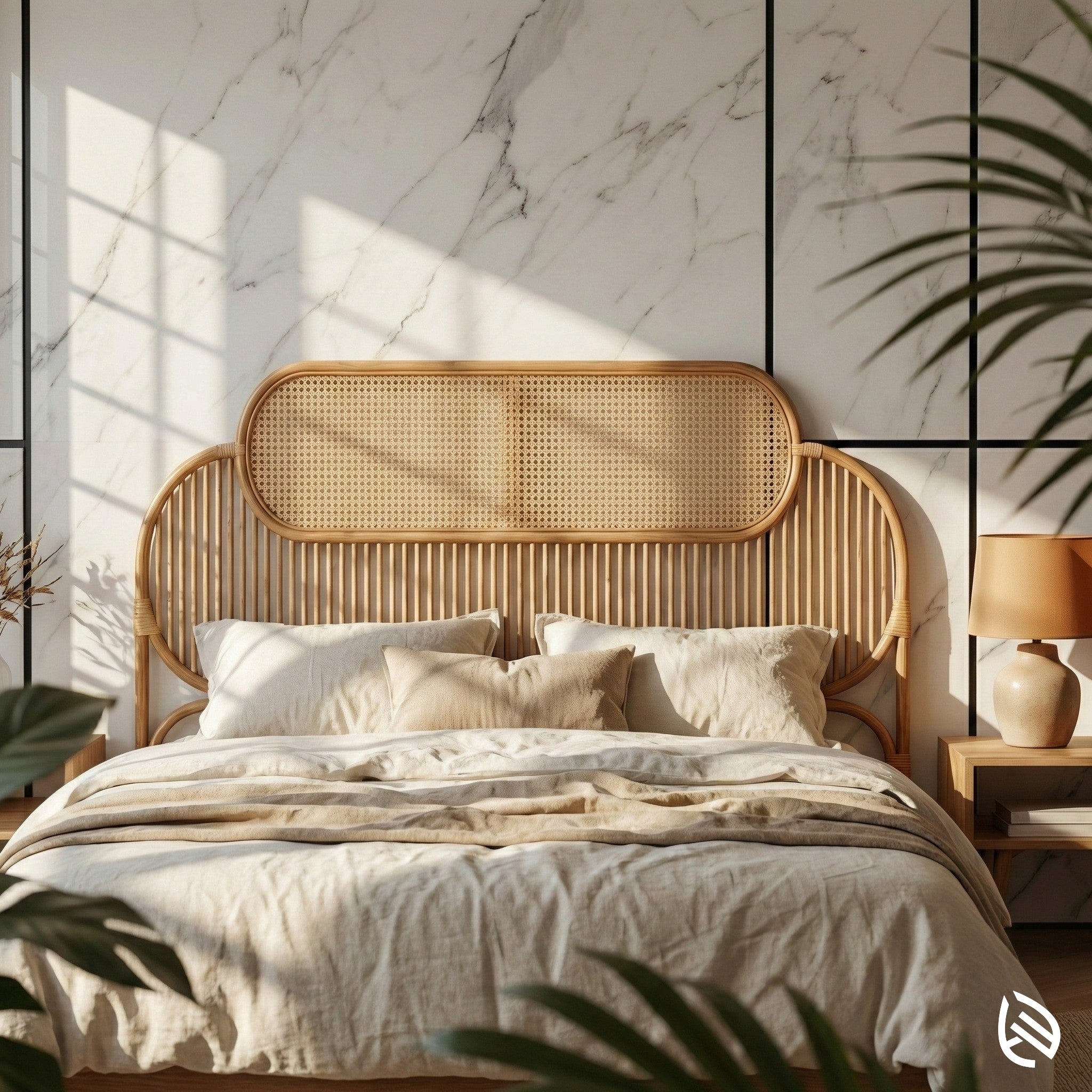 Bedroom with a wooden headboard, white bedding, and marble wall.