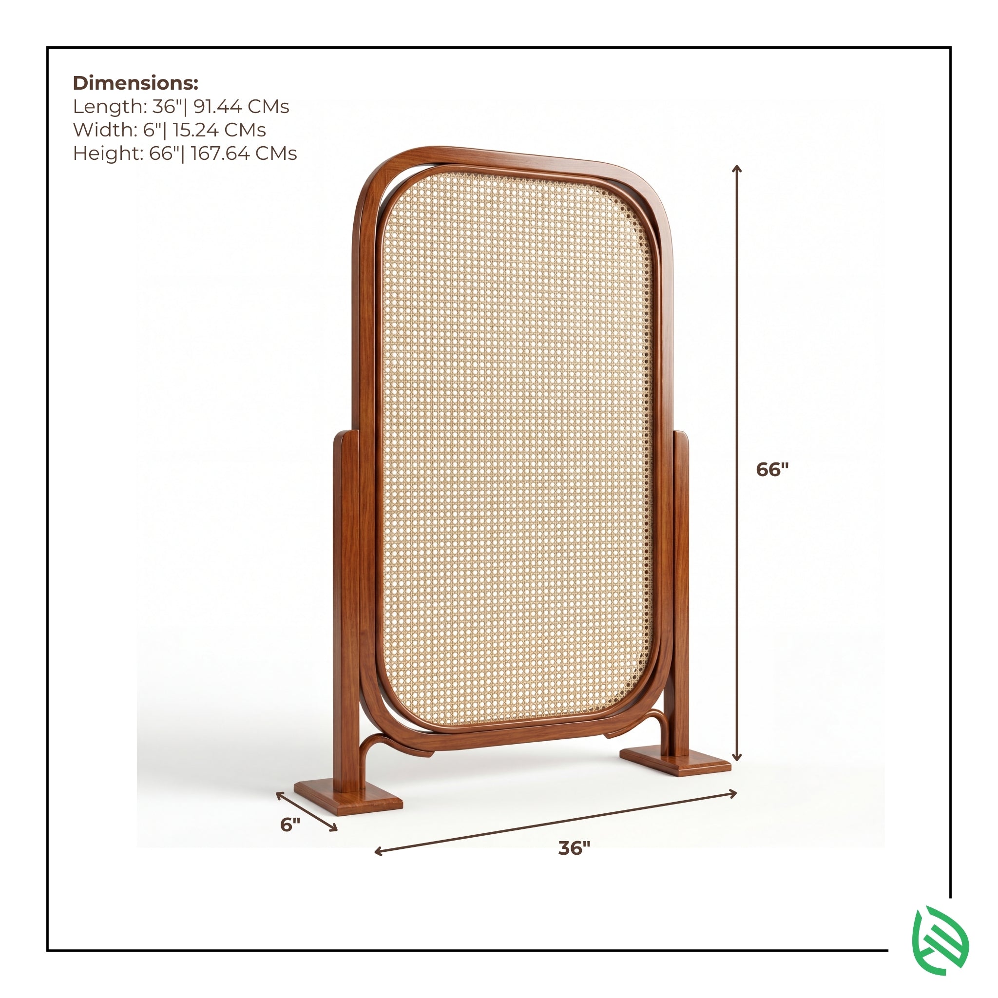 Wooden screen with wicker design and dimensions on a white background