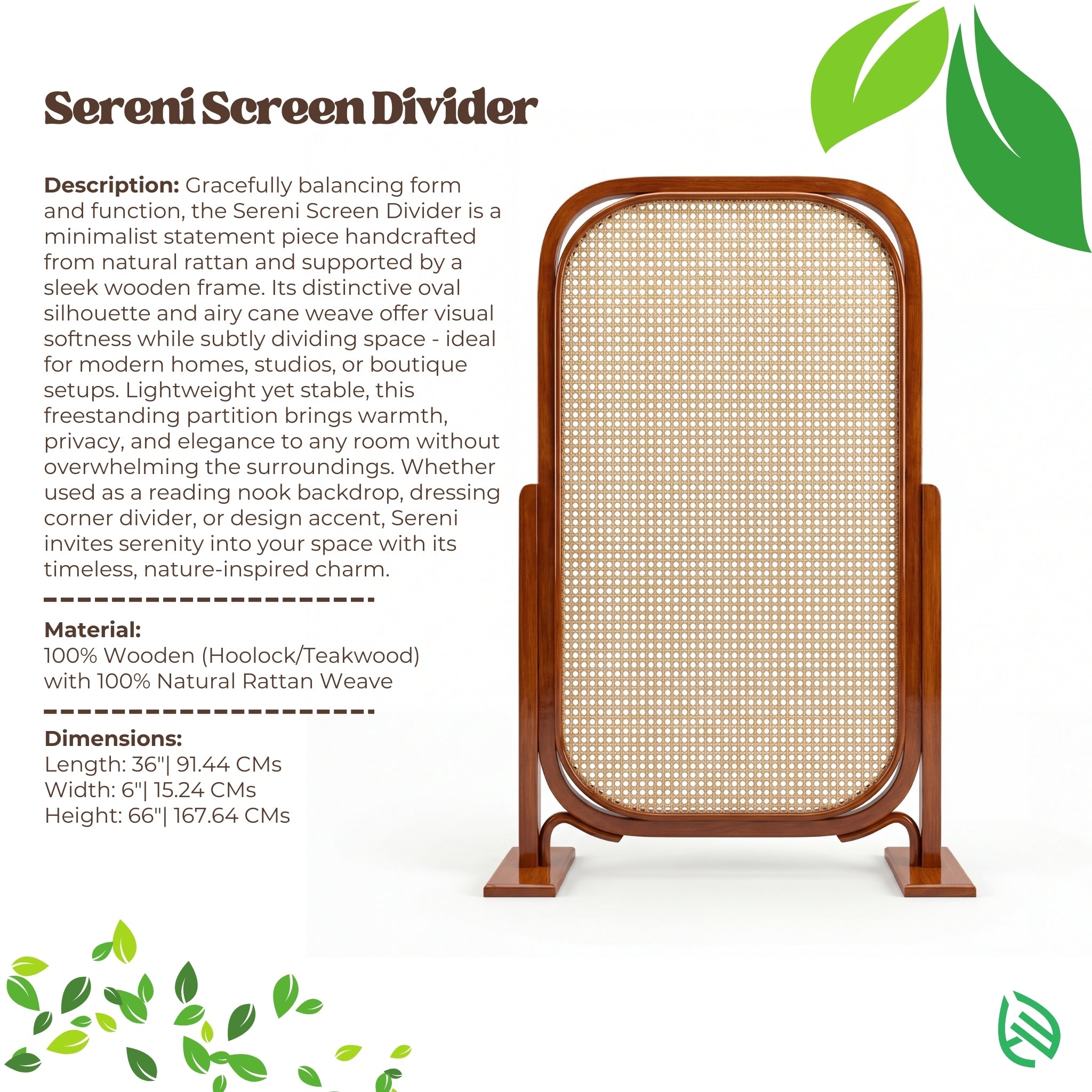 Sereni Screen Divider with description and product details on a white background