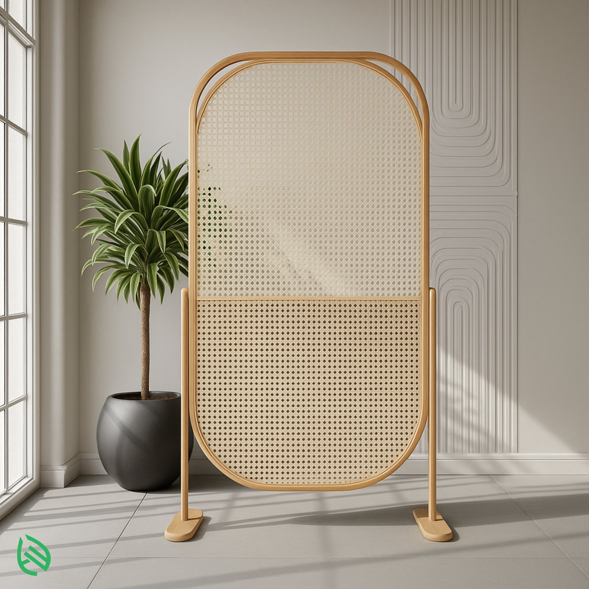 Sereni Screen oval rattan room divider with natural cane weave