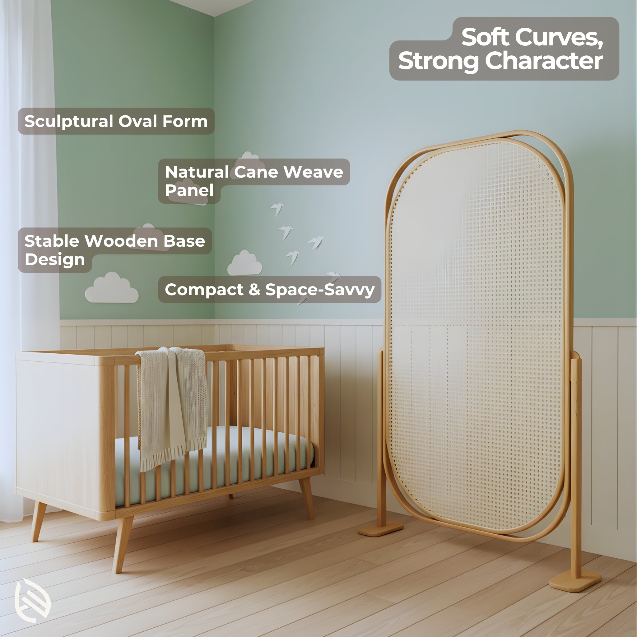 Feature callouts: sculptural oval form, stable wooden base, compact divider