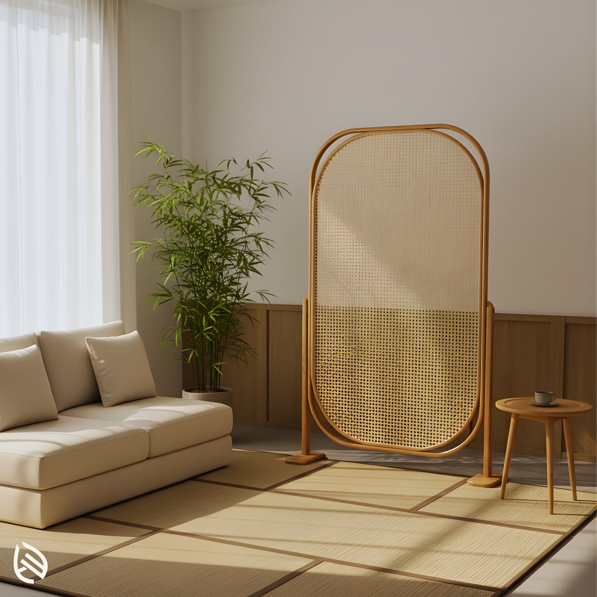 freestanding oval cane partition beside sofa and bamboo plant
