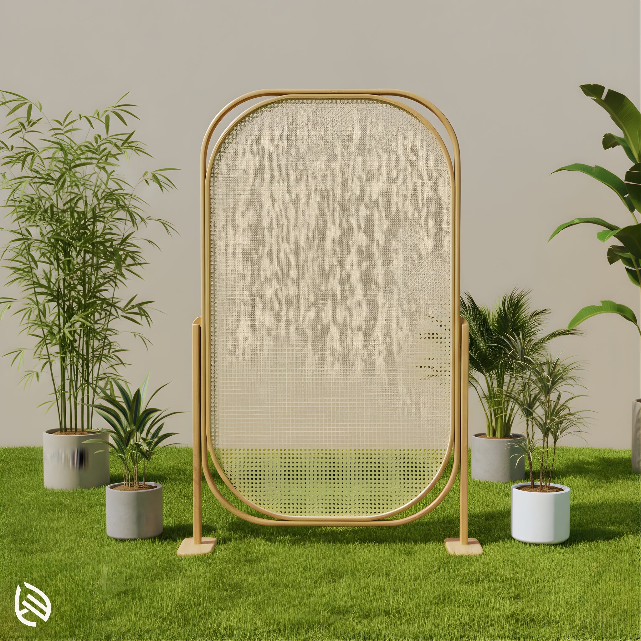 Freestanding oval rattan screen outdoors on grass with plants