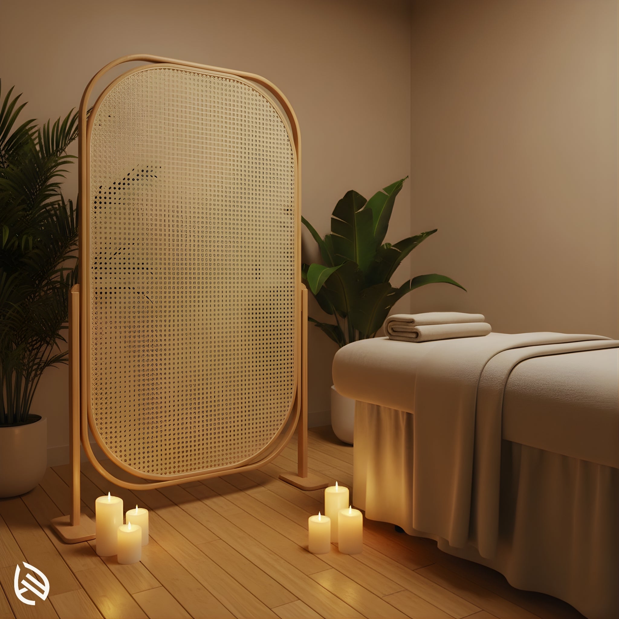 Spa setting with candles and Sereni Screen natural cane privacy screen