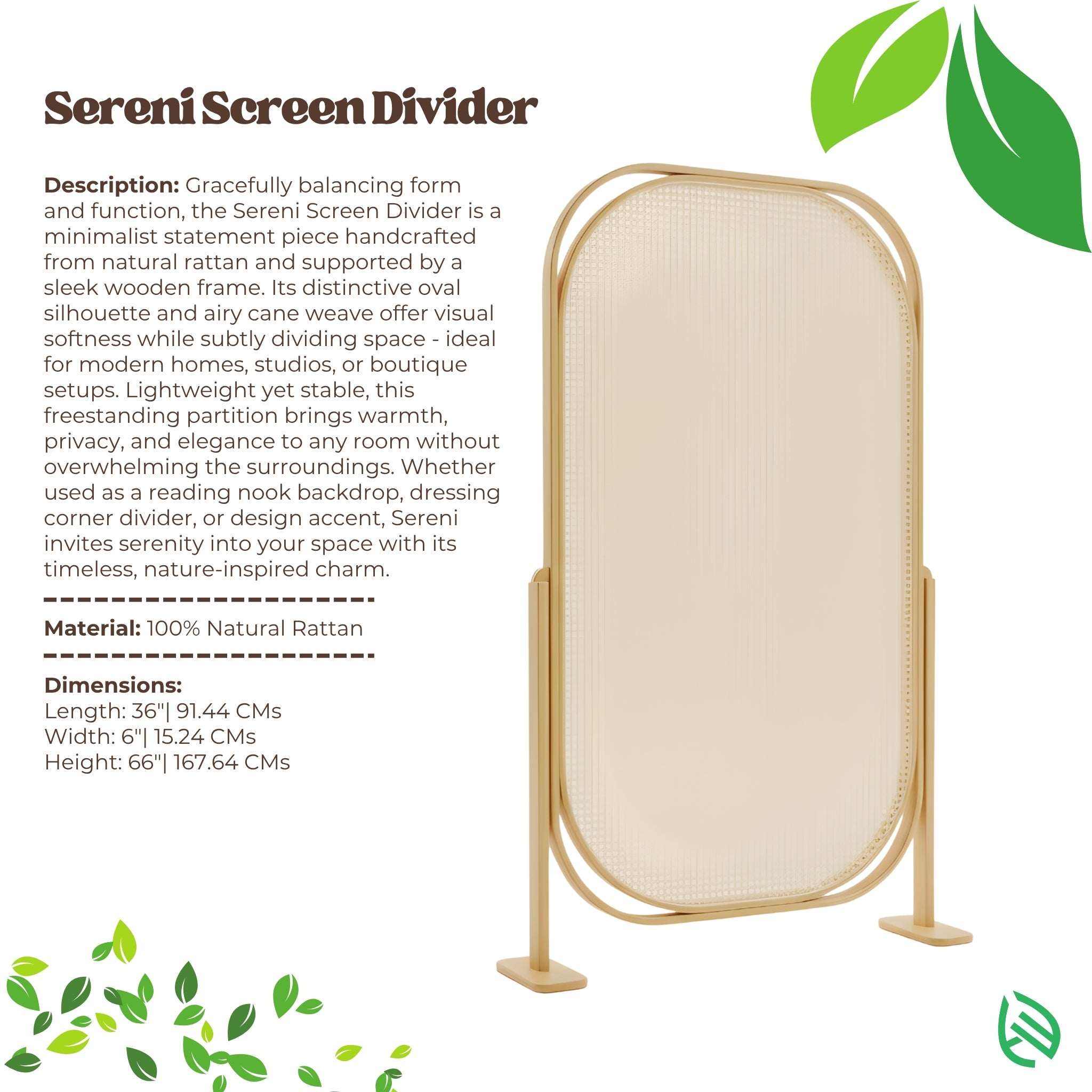 Sereni Screen spec sheet, 100% natural rattan and product overview
