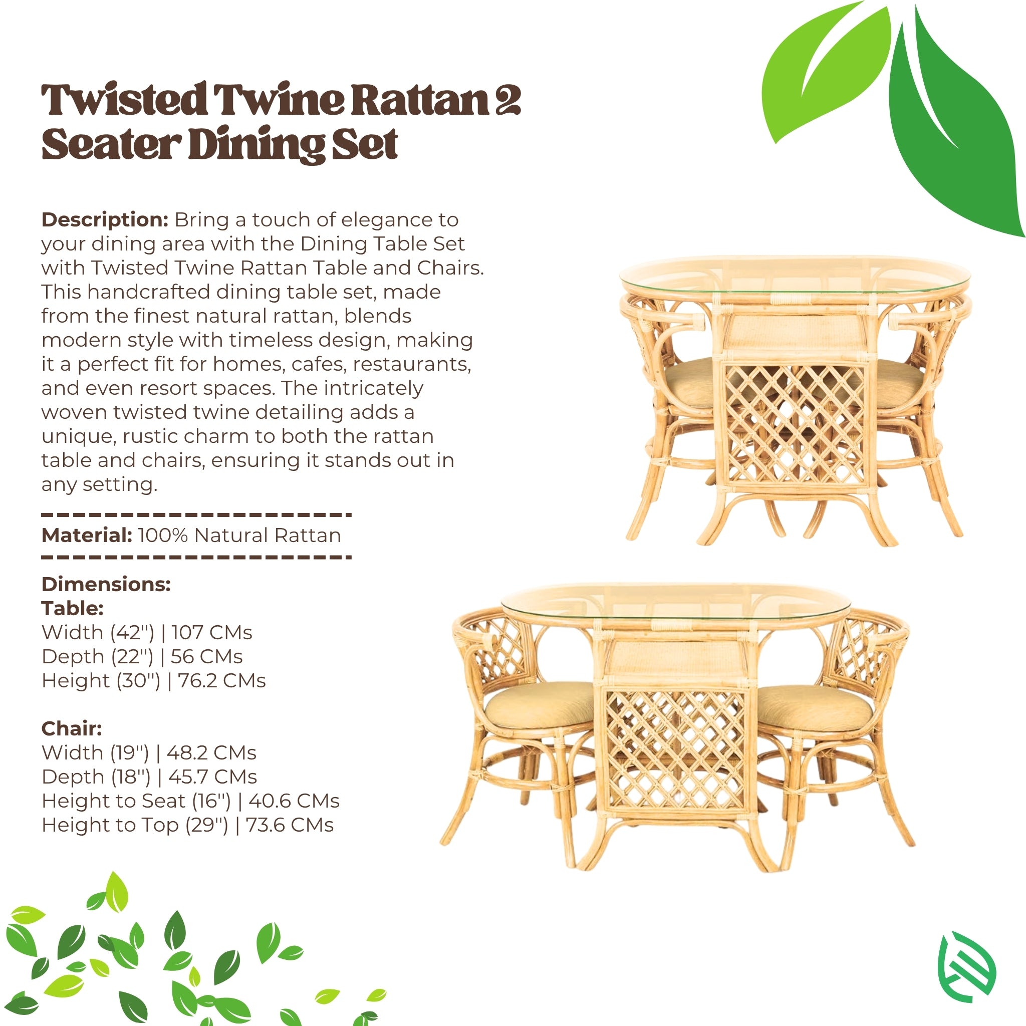 Specs sheet for Twisted Twine Glass Top Table Set - 100% natural rattan; table 42″W × 22″D × 30″H; chair 19″W × 18″D, seat height 16″, overall height 29″.