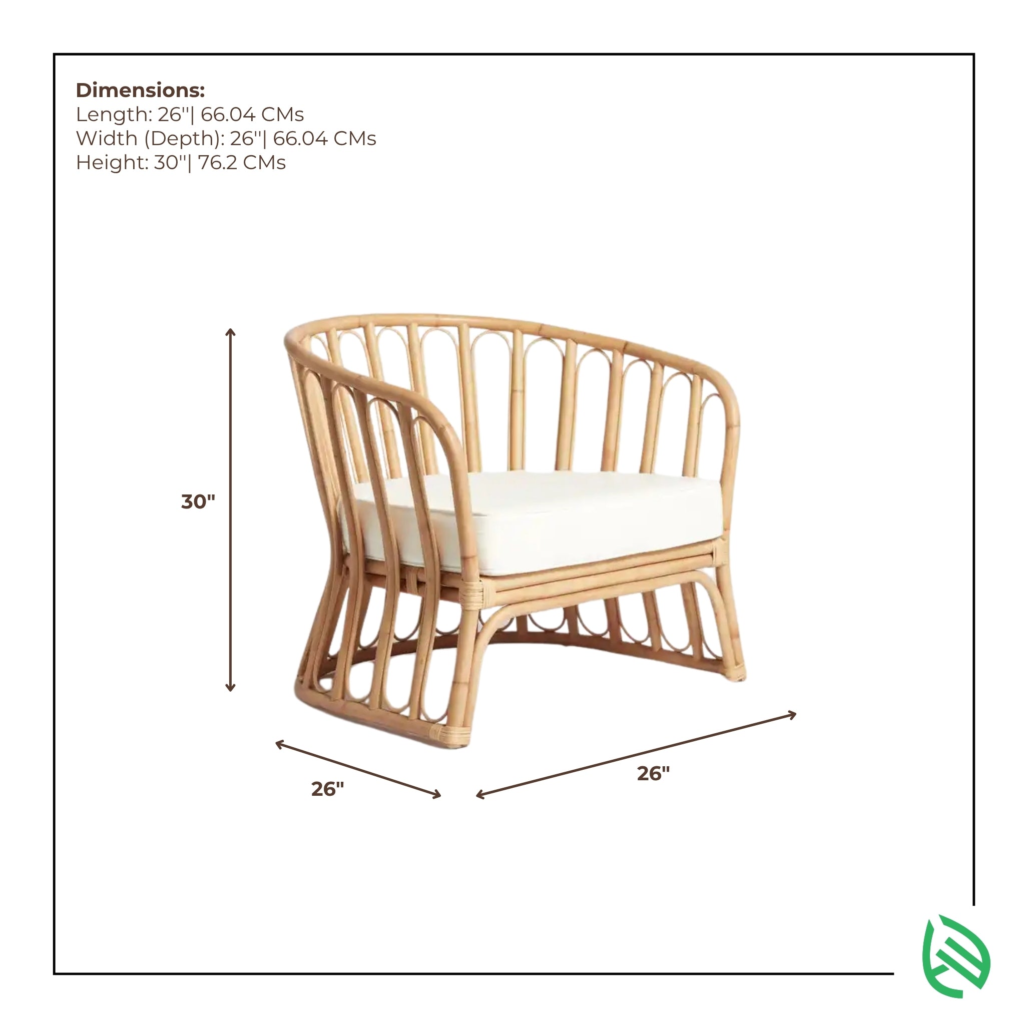 Dimensions graphic of Sundae Seater rattan chair 26x26x30 inches