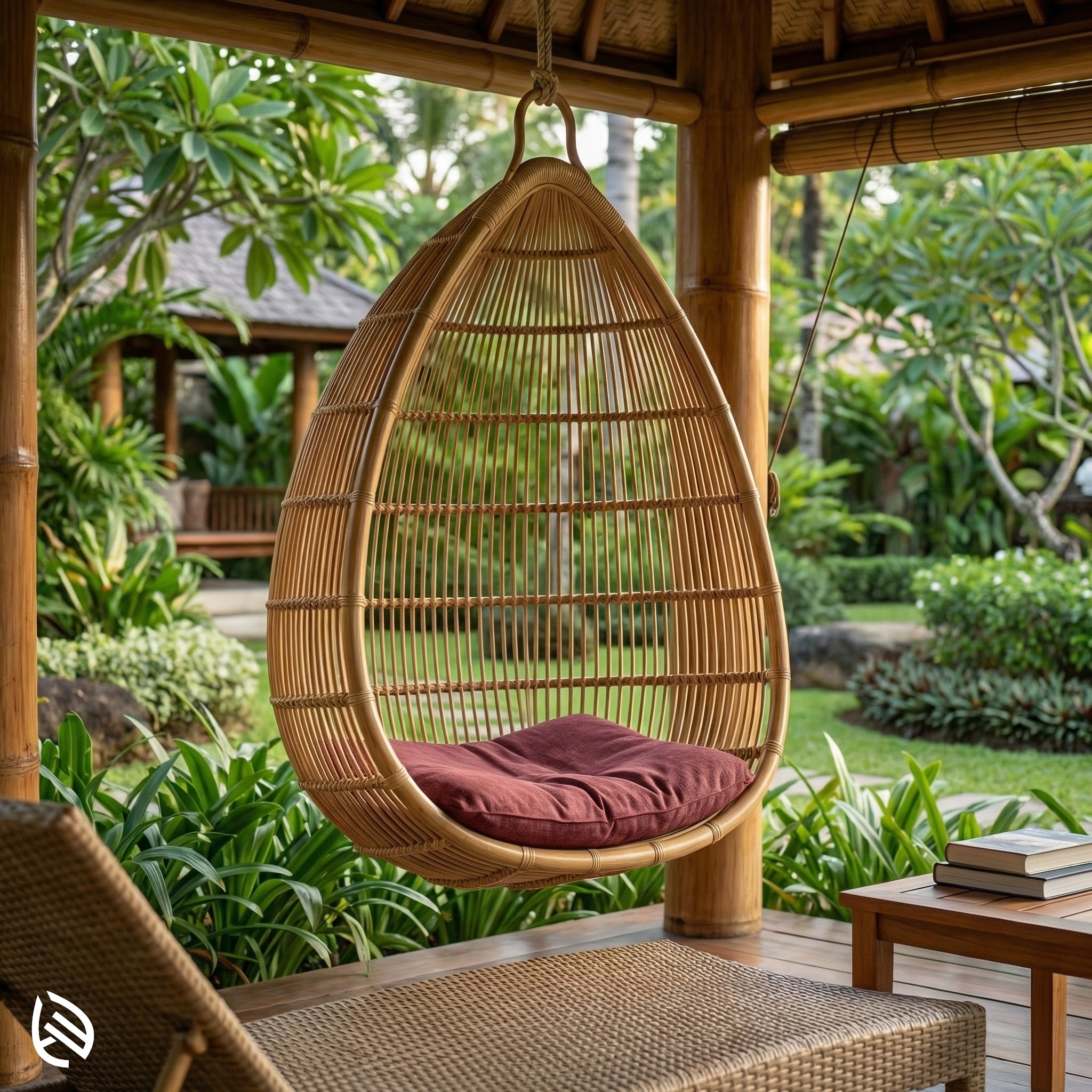 Woven hanging chair with a red cushion in a garden setting