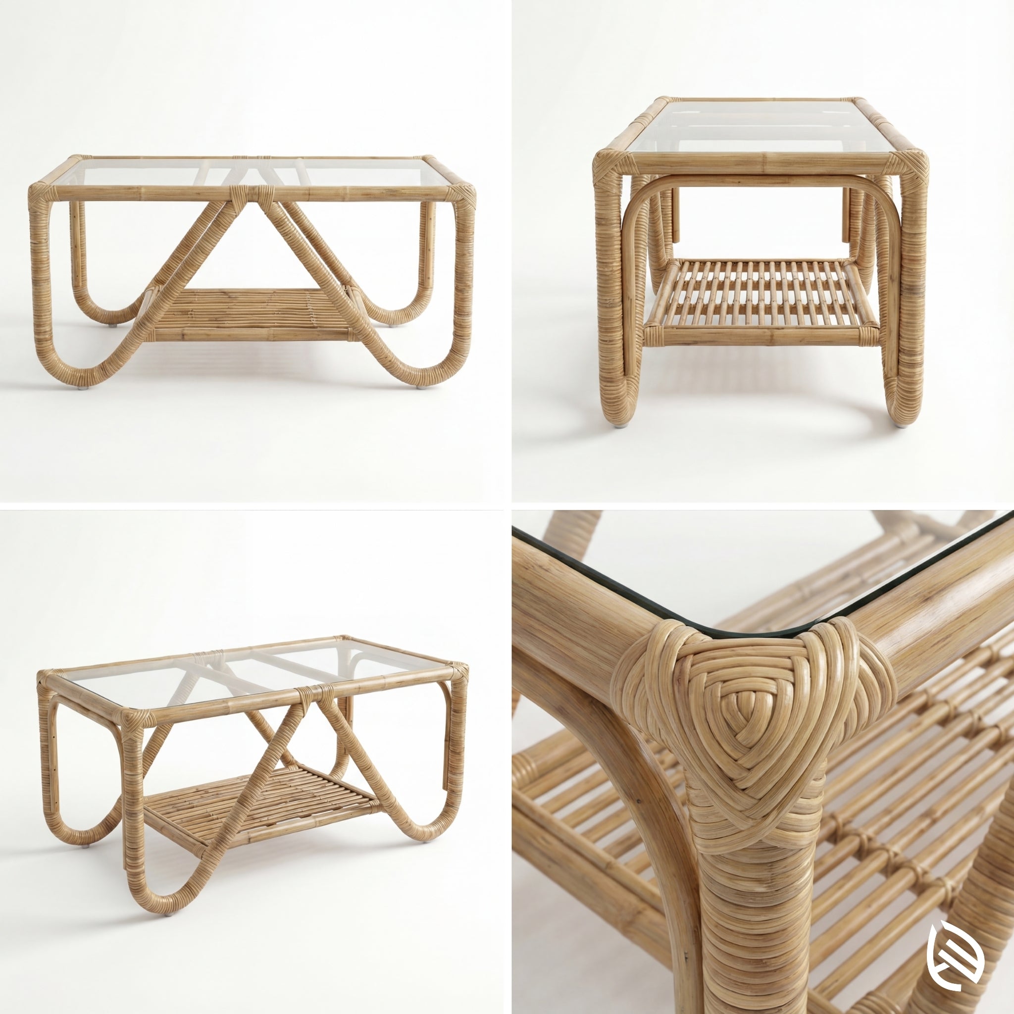 Wicker coffee table with glass top on a white background