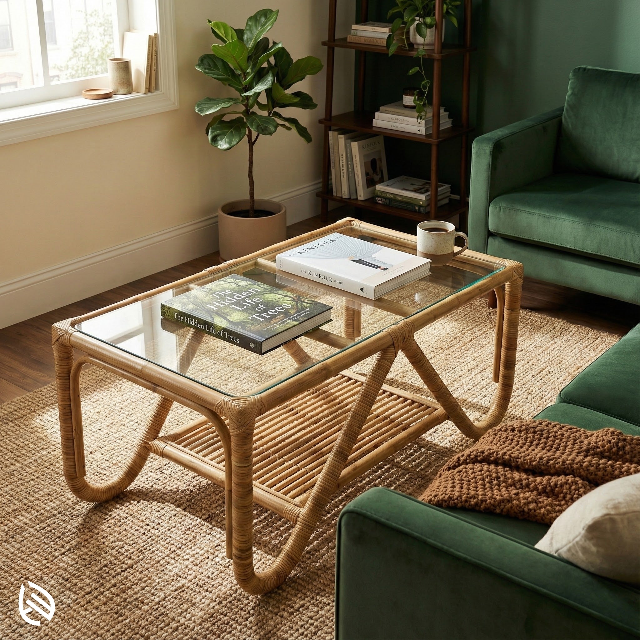 Living room with a glass coffee table, books, and a cup, surrounded by green furniture and plants.
