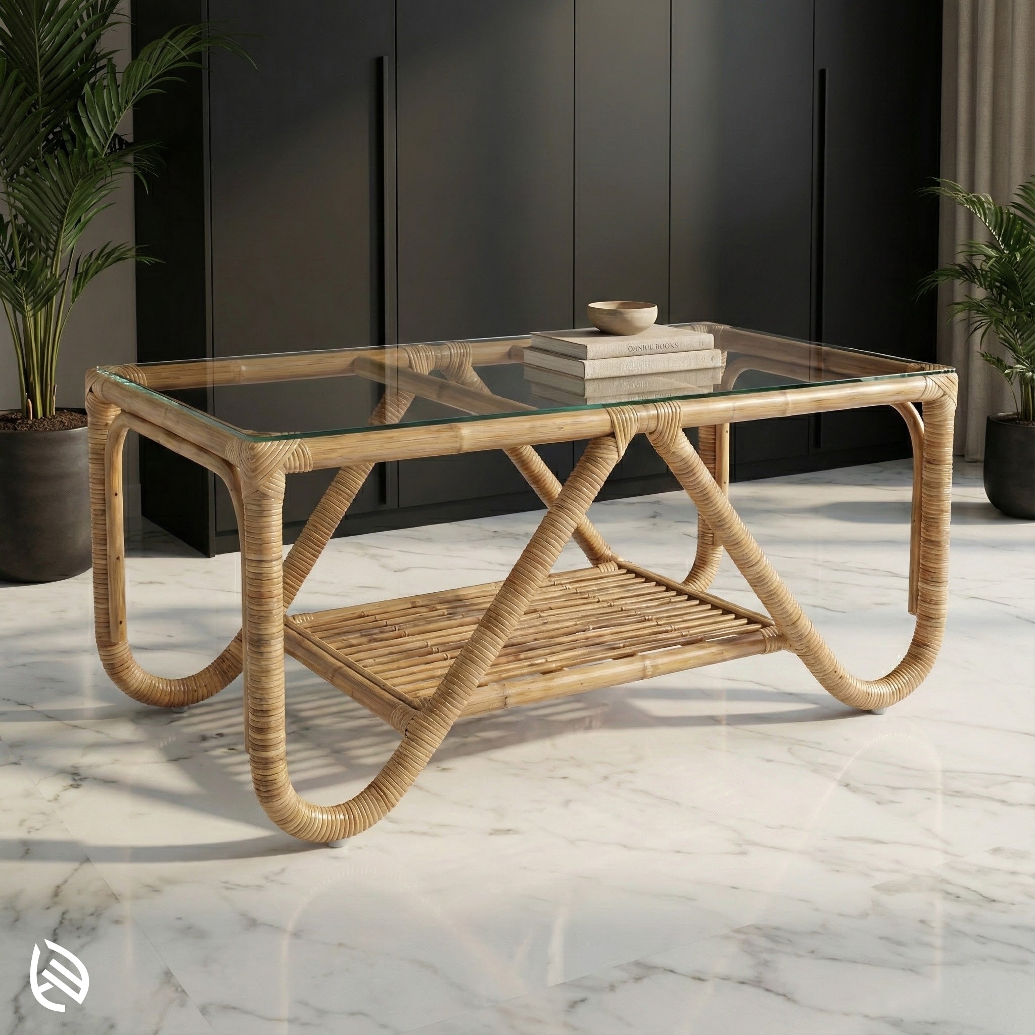 Rattan coffee table with glass top in a modern interior setting
