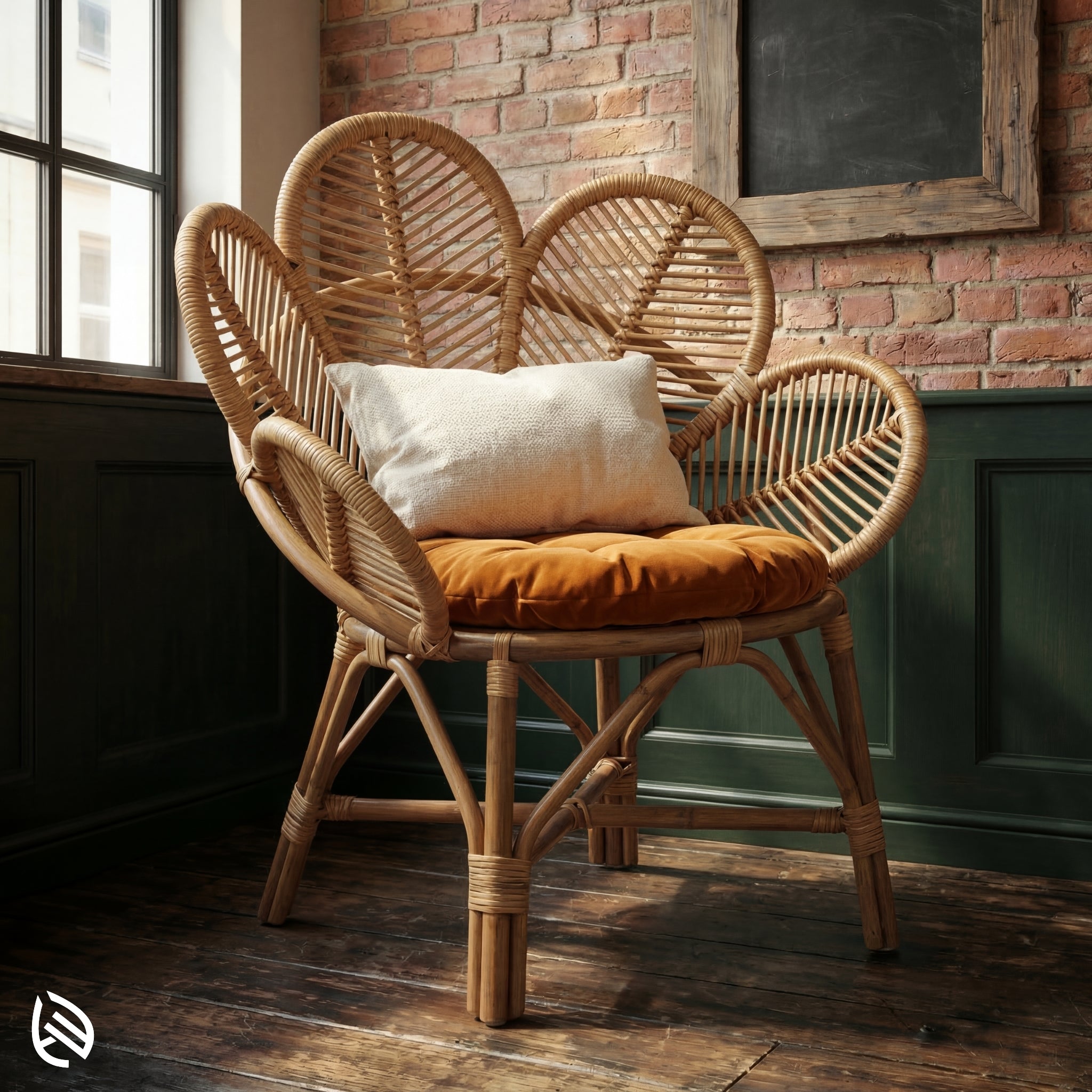 Wicker chair with a cushion in a room with brick wall and window.