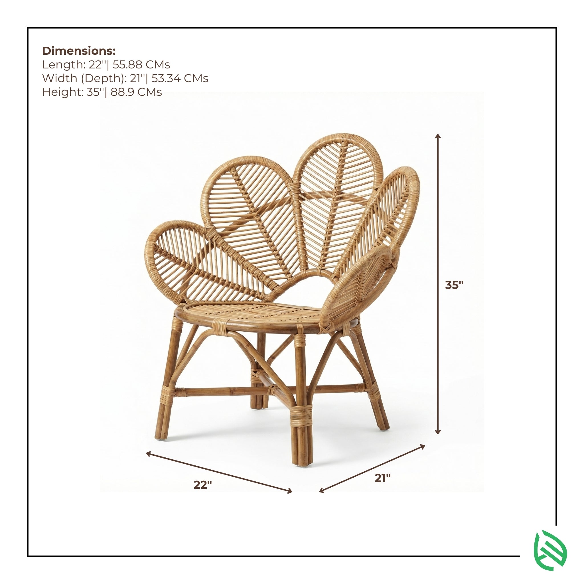 Wicker chair with dimensions labeled on a white background