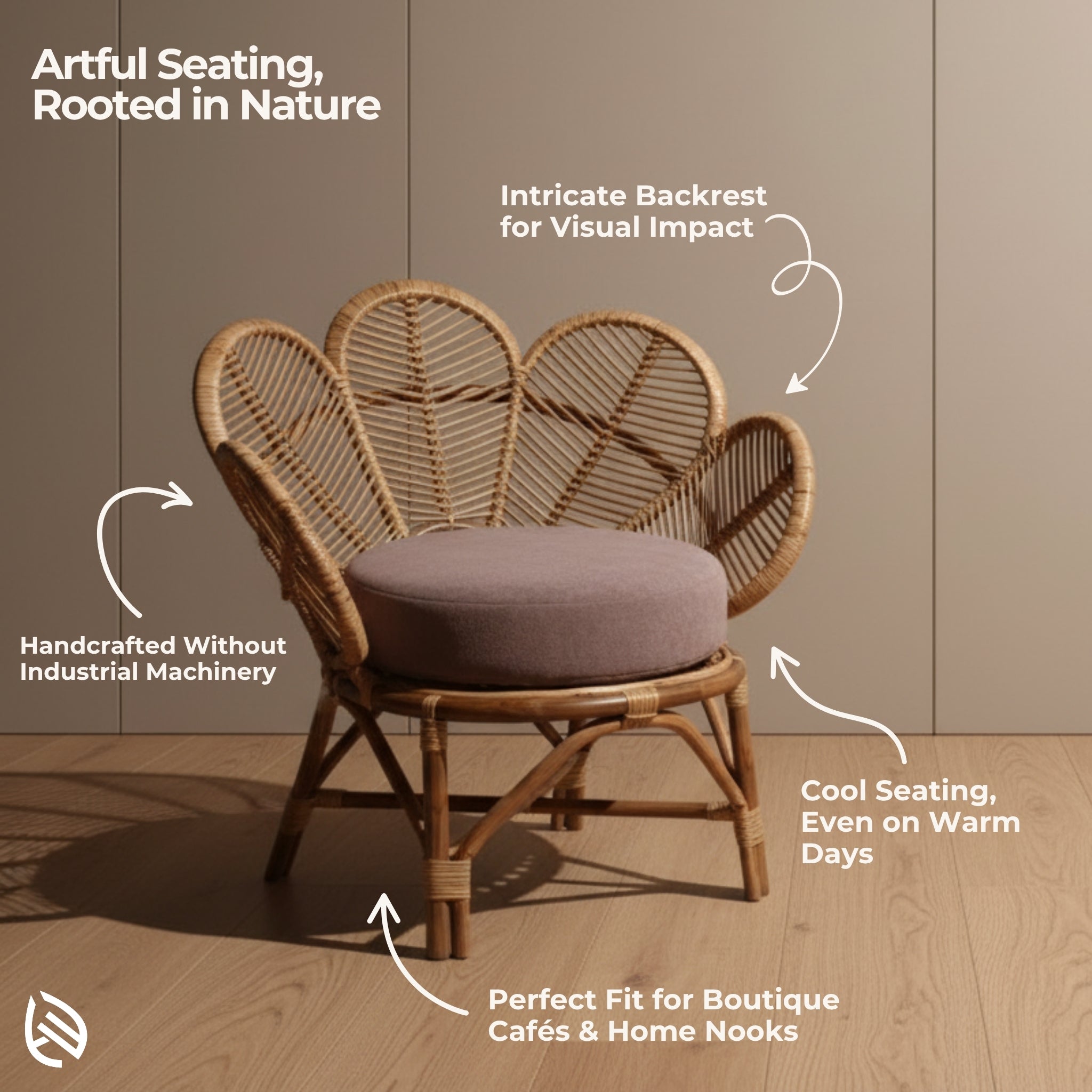 Feature graphic highlighting handcrafted petal back and cool seating