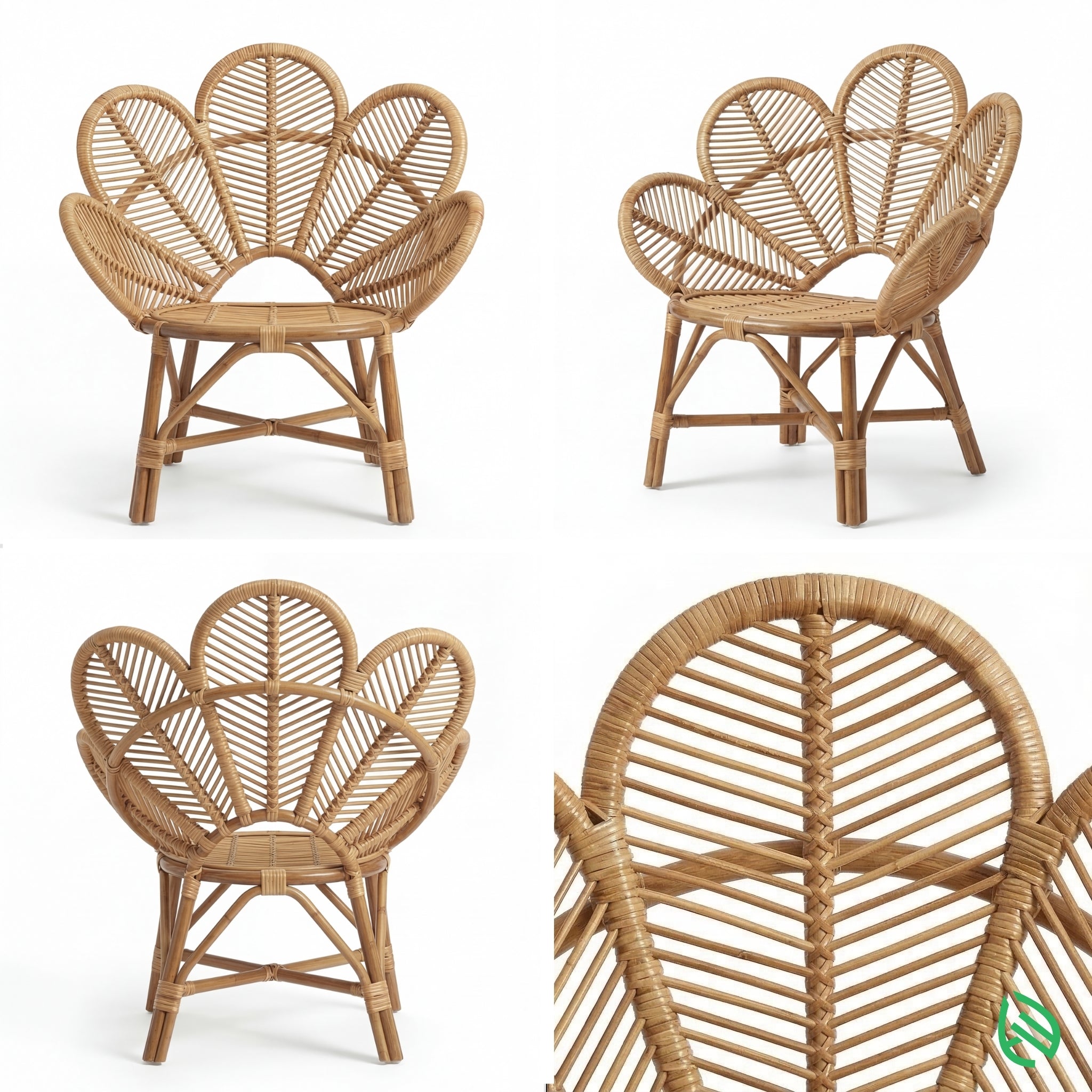 Wicker chair with floral back design on a white background