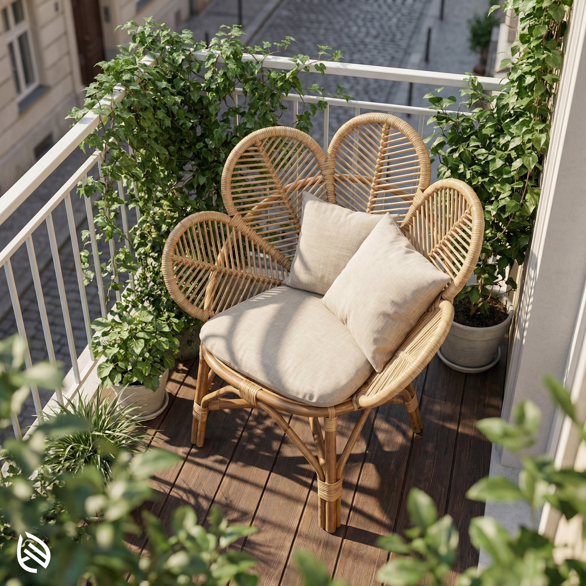 Wicker chair with cushions on a balcony surrounded by plants