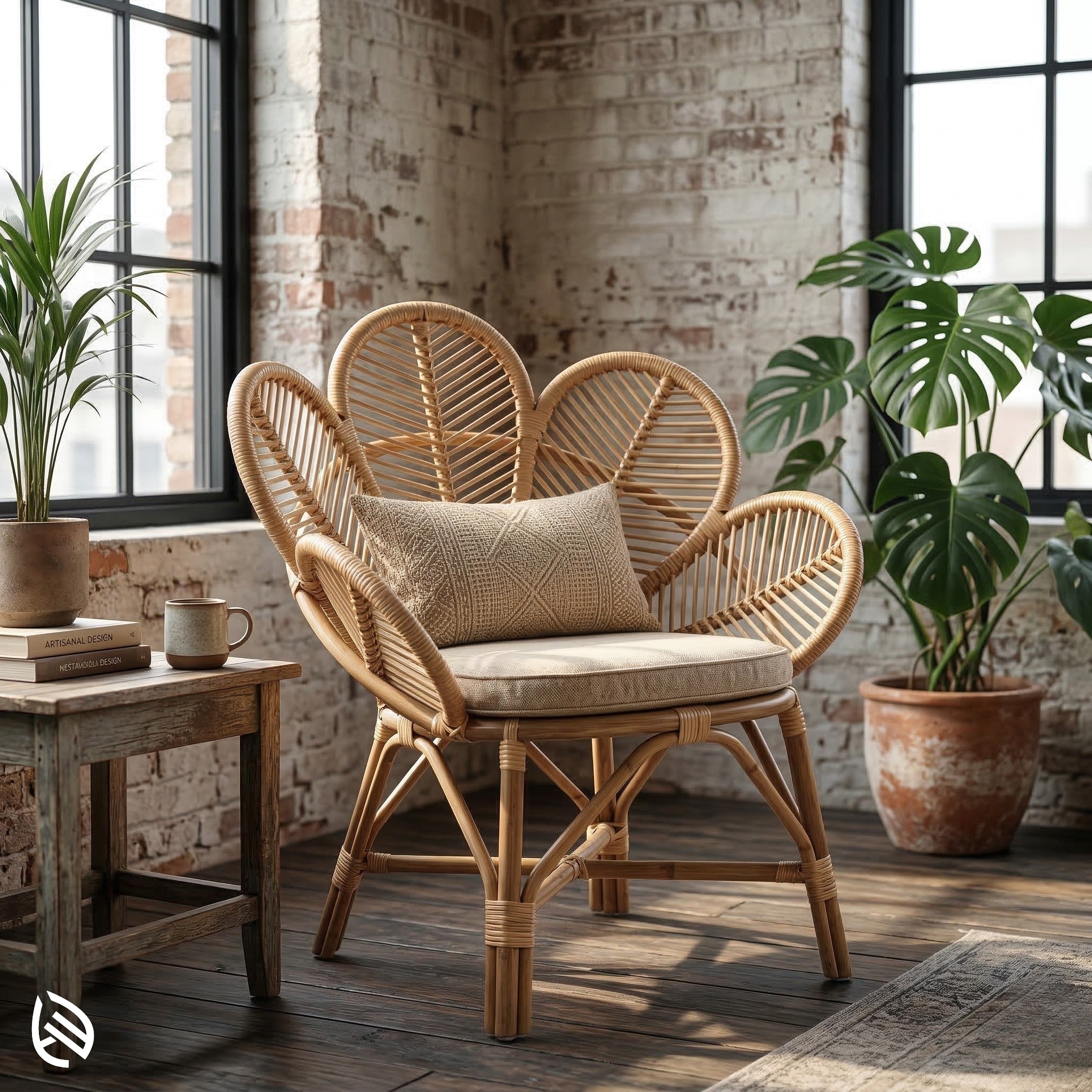 Wicker chair with cushion in a room with brick walls and plants