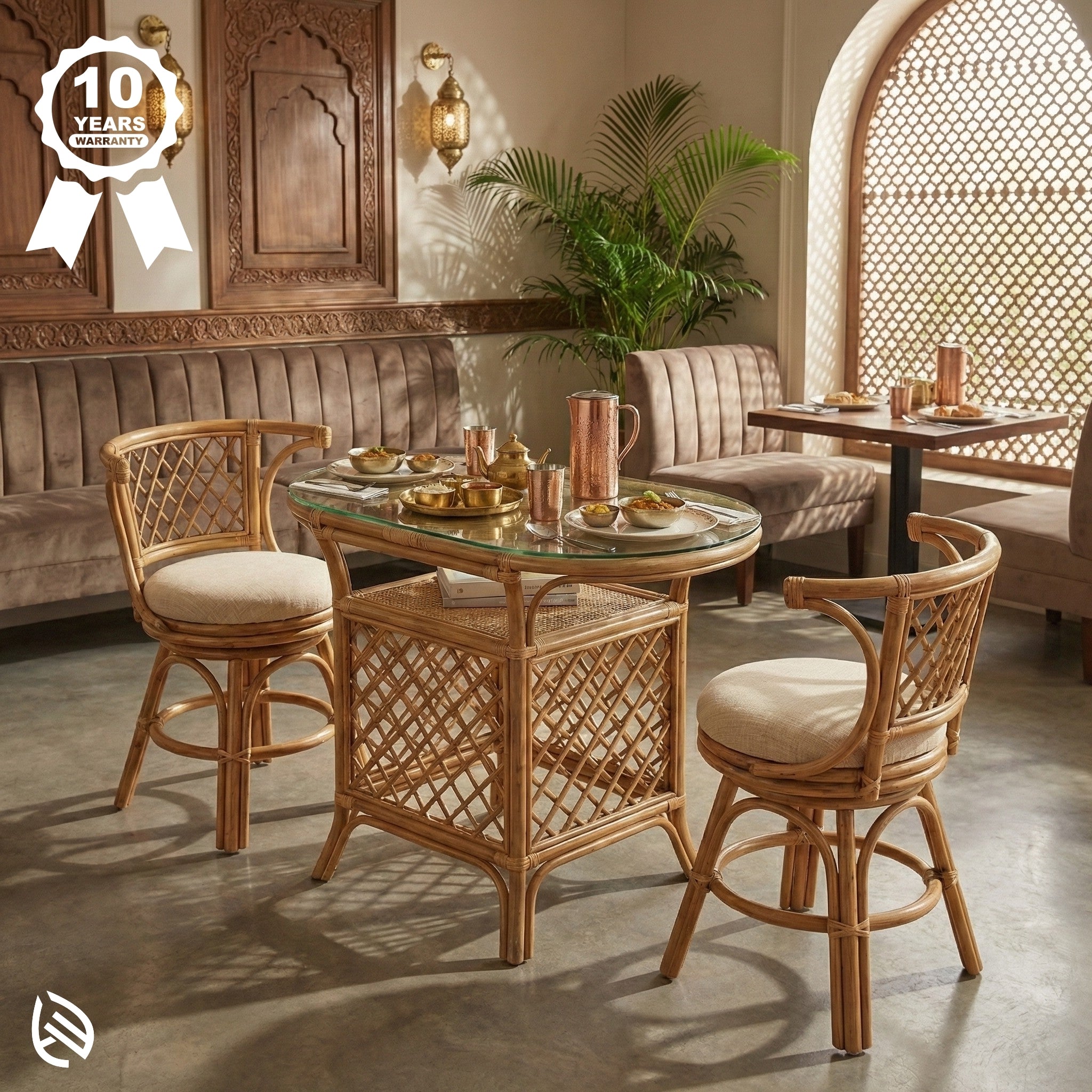 Rattan dining set with round table and chairs in a stylish interior setting.