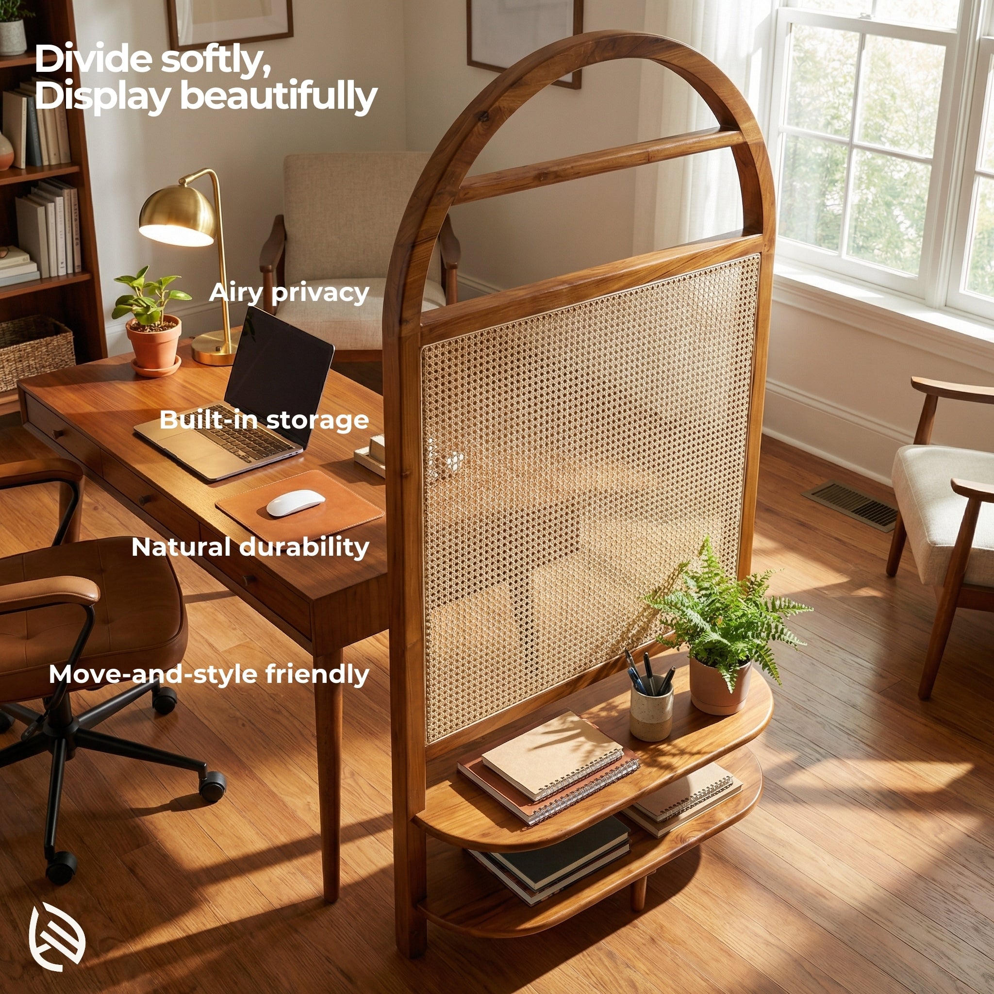 Wooden room divider in a home office setting with text highlighting features.