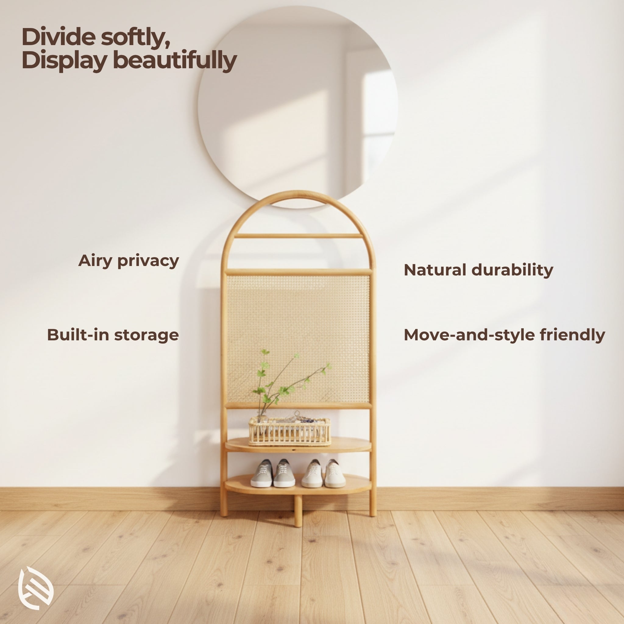 Feature callouts: airy privacy, built-in storage, natural durability