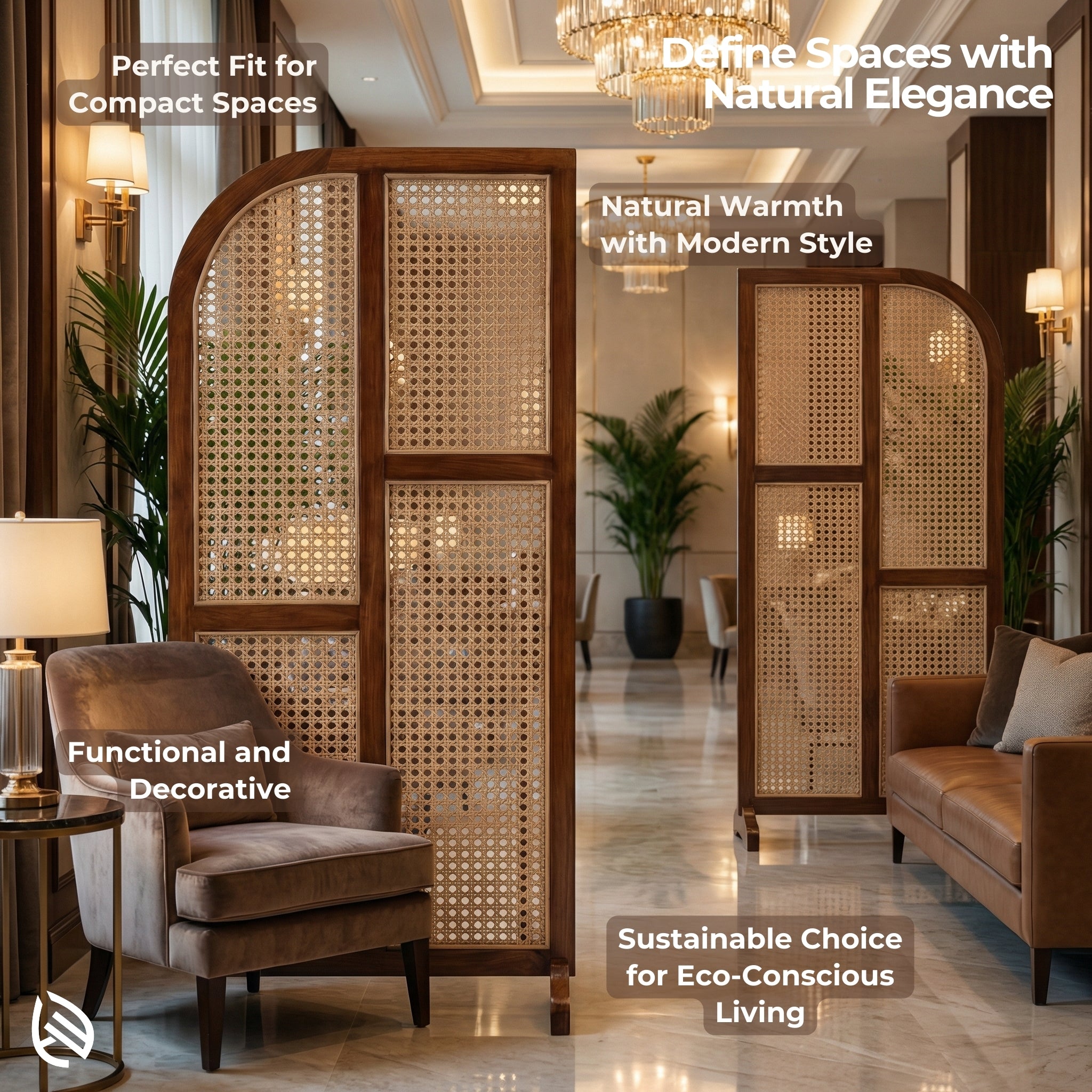 Woven room divider in a stylish interior setting with text highlighting its features.