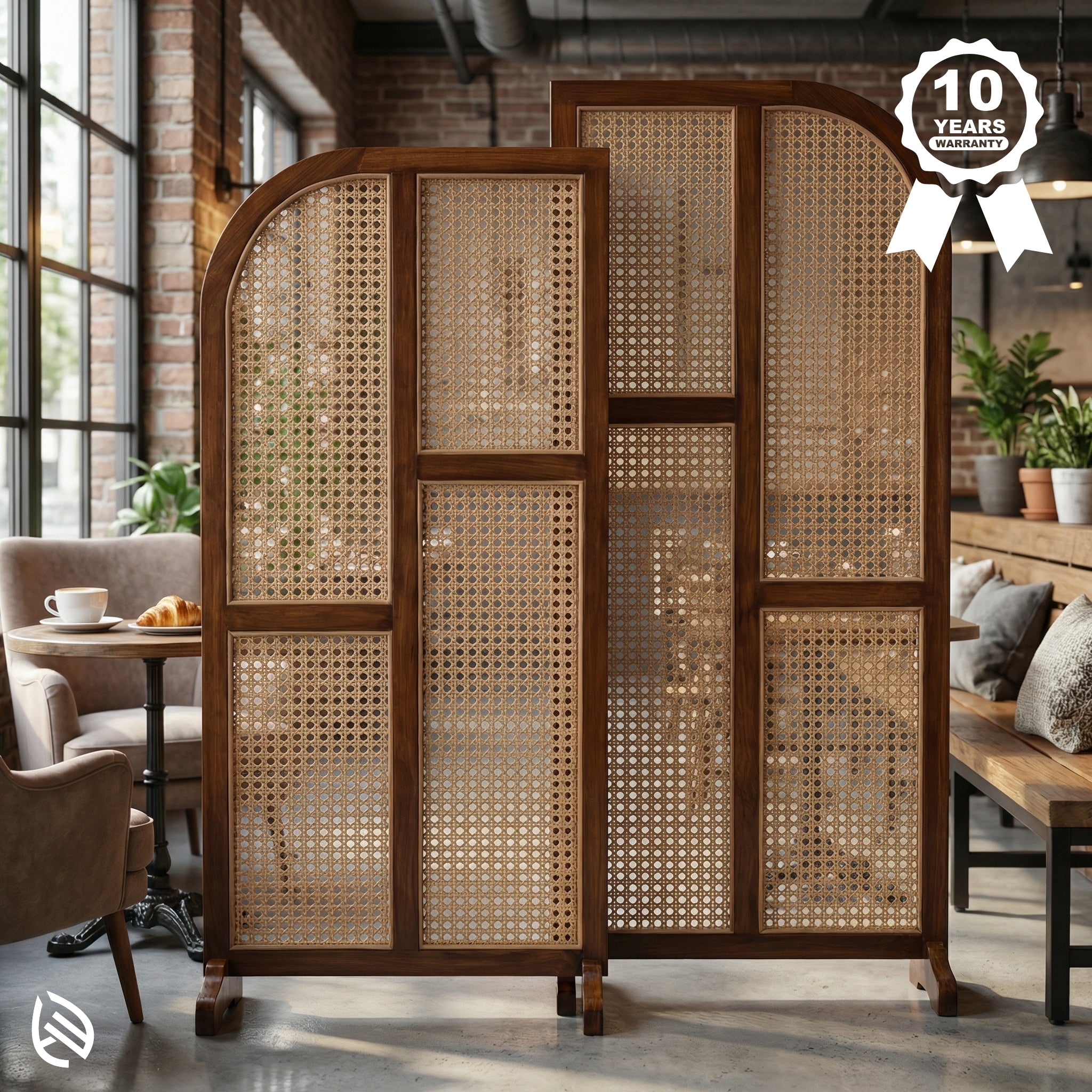 Woven room divider in a modern interior setting with a 10-year guarantee badge.