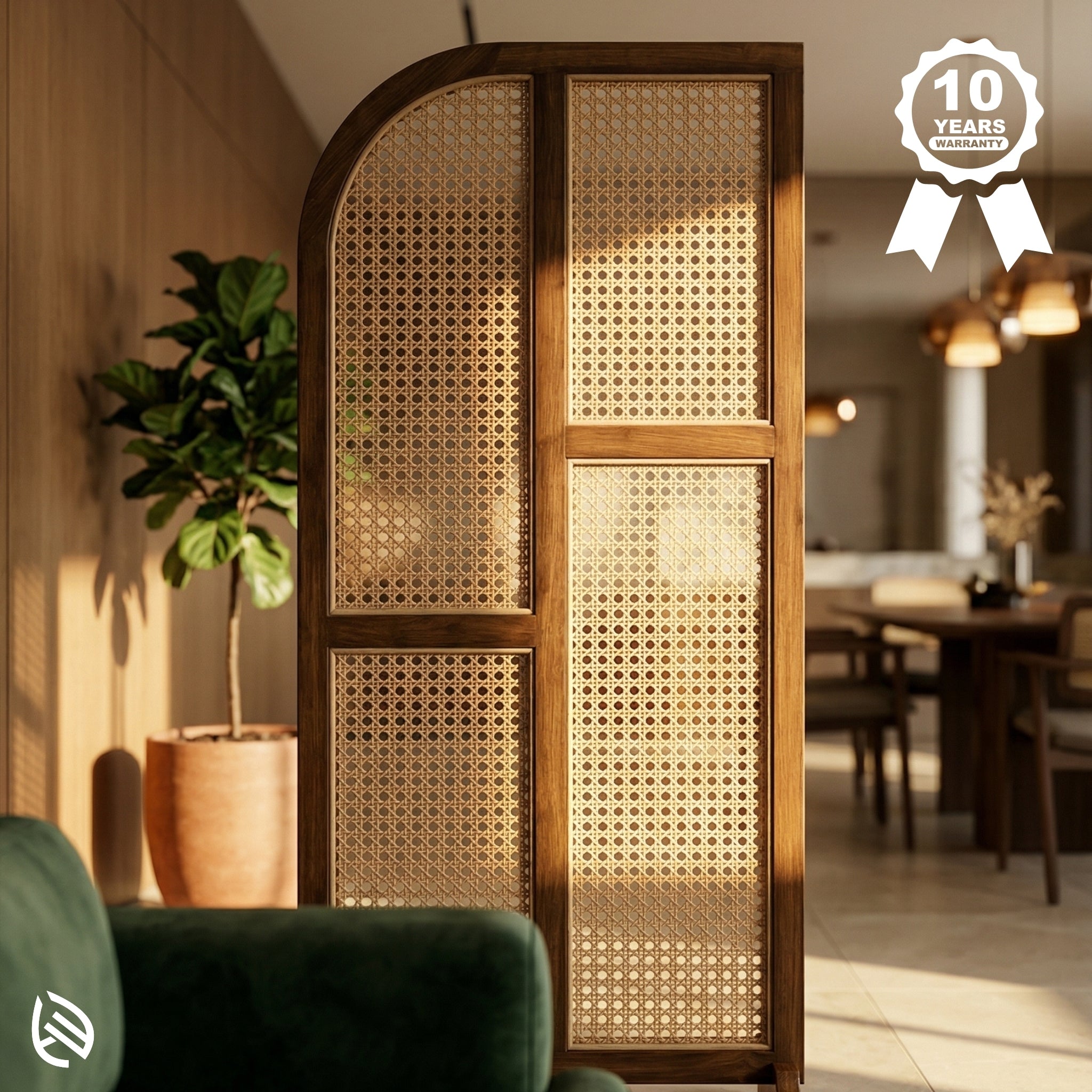 Wooden room divider with wicker design in a living room setting, featuring a 10-year warranty badge.