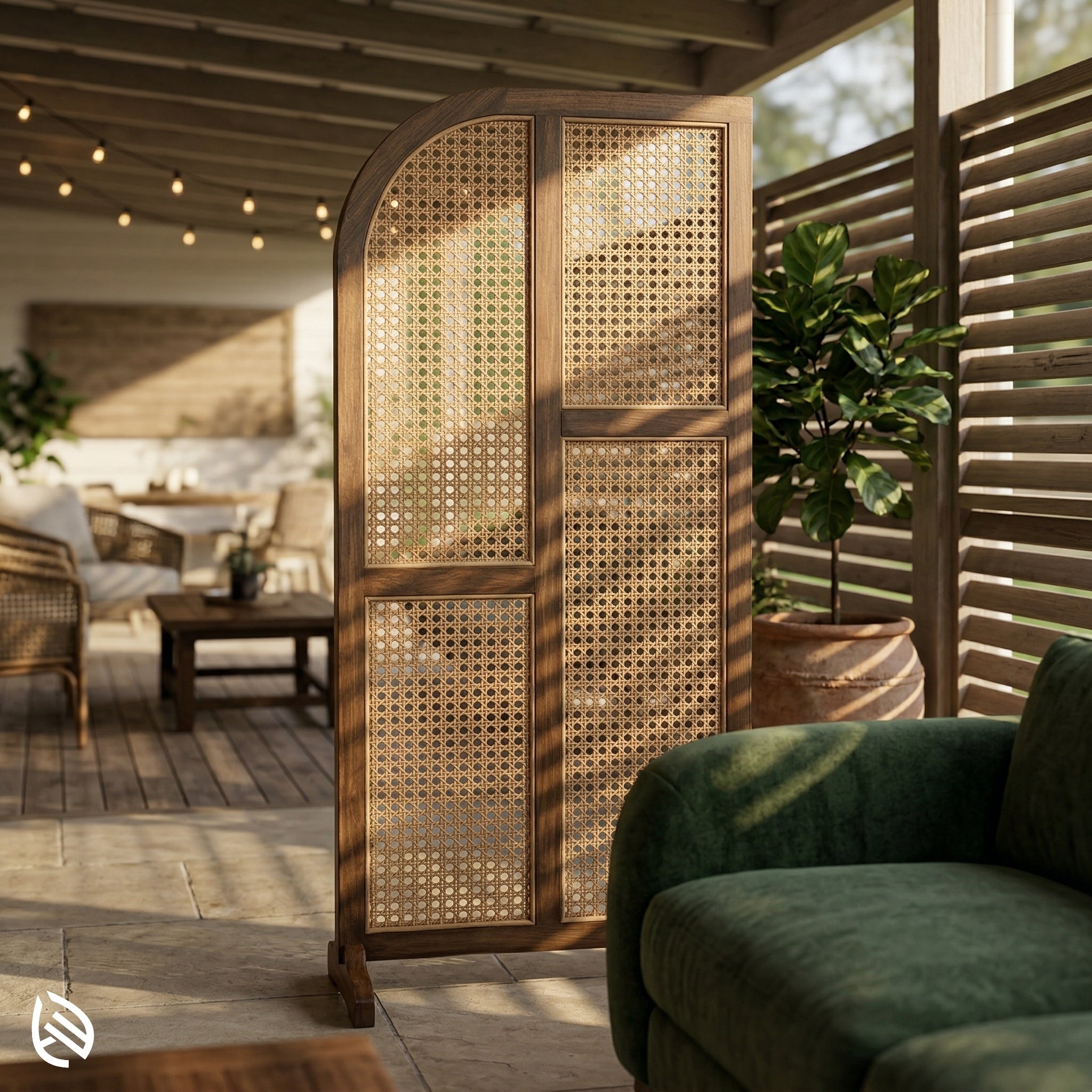 Woven wooden screen in a cozy outdoor setting with furniture and plants.