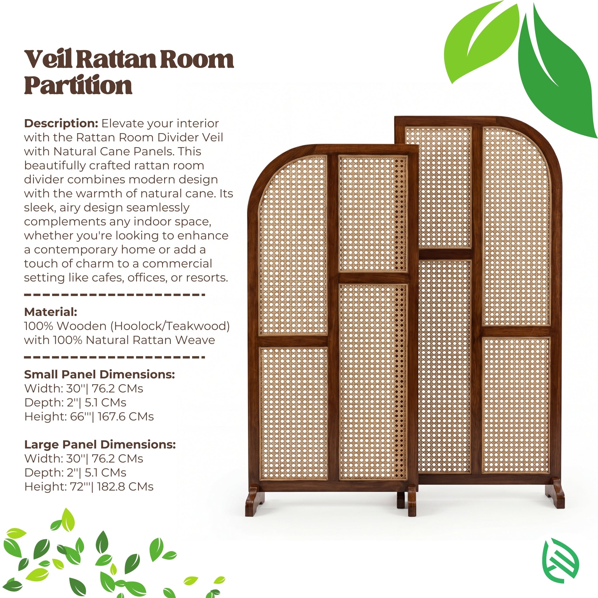 Veil Rattan Room Partition with dimensions and material details on a white background