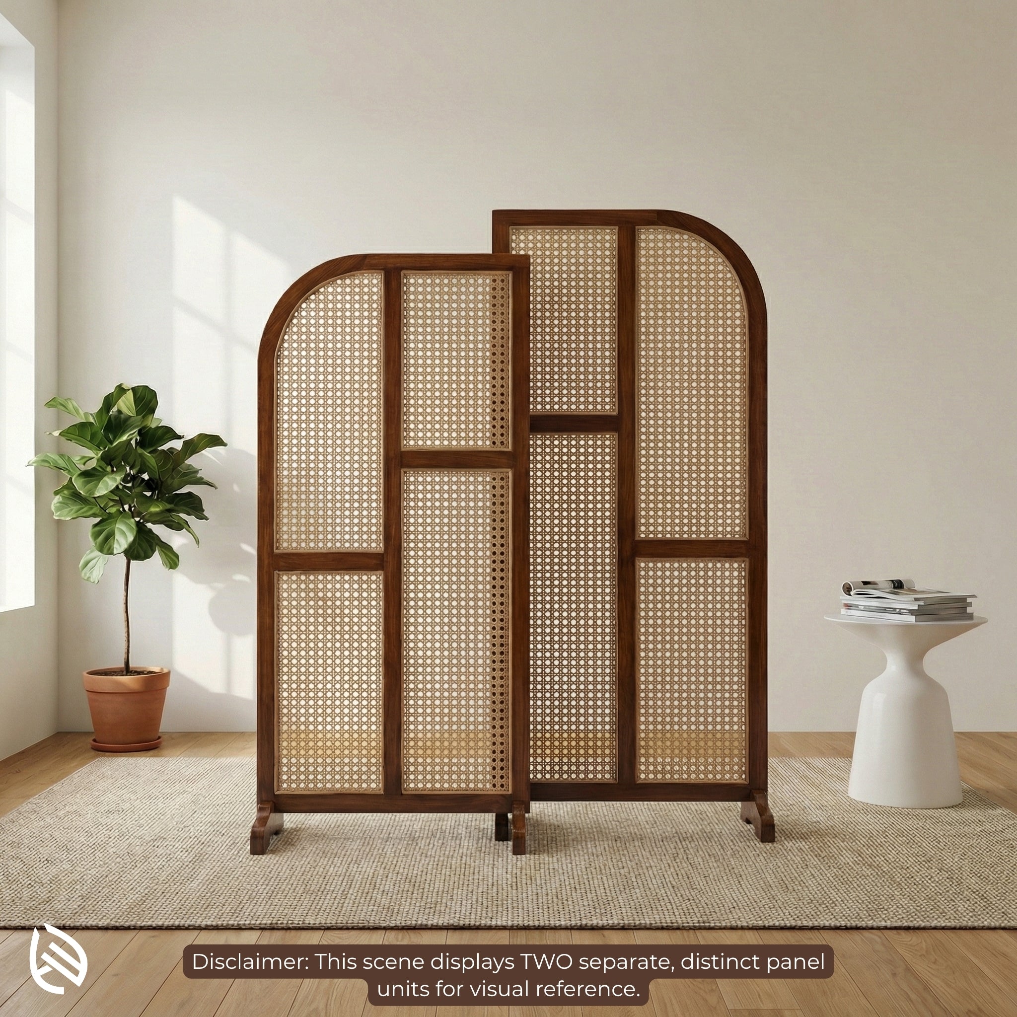 Woven room divider in a minimalistic room with a plant and small table.