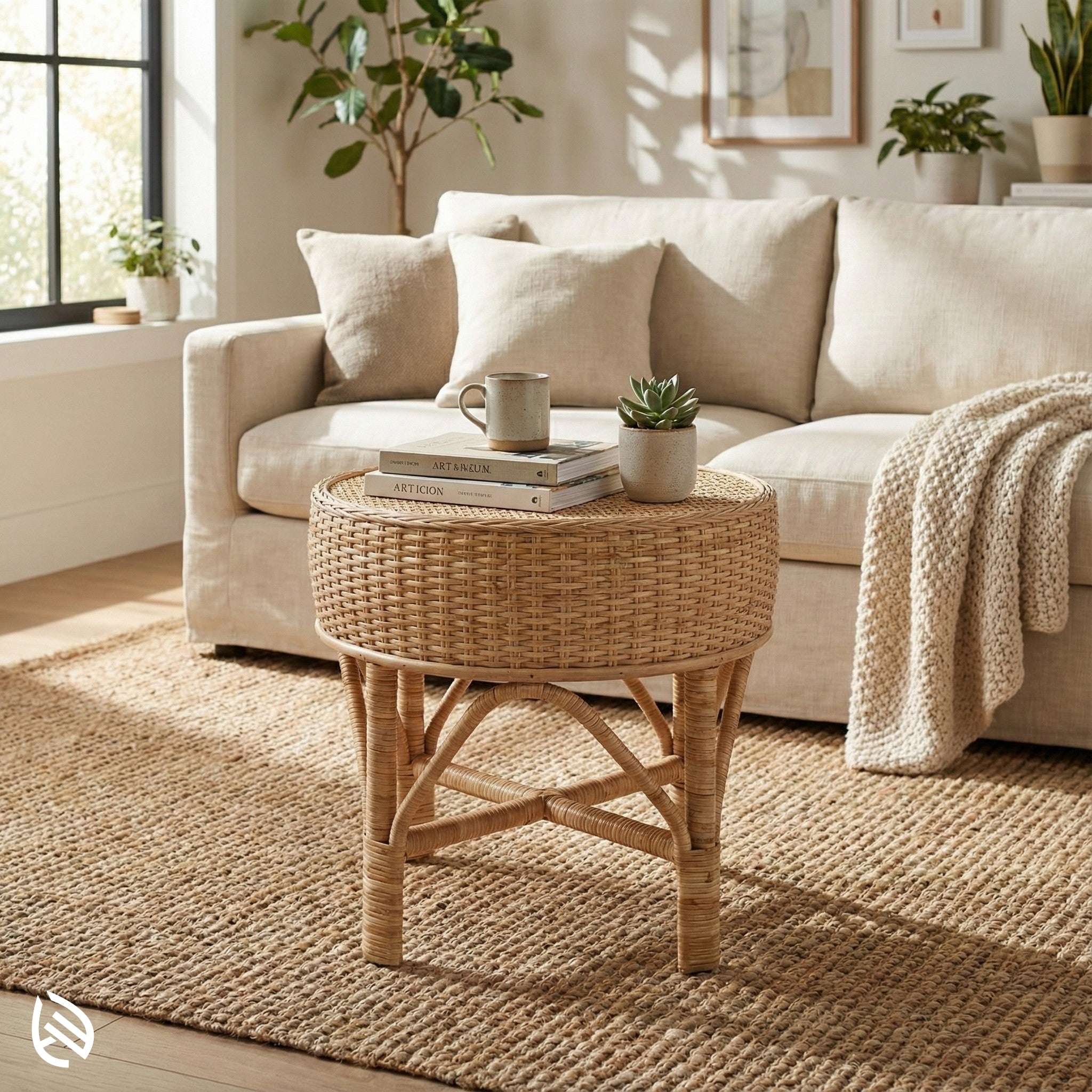 Living room with beige sofa, wicker side table, and decorative items.