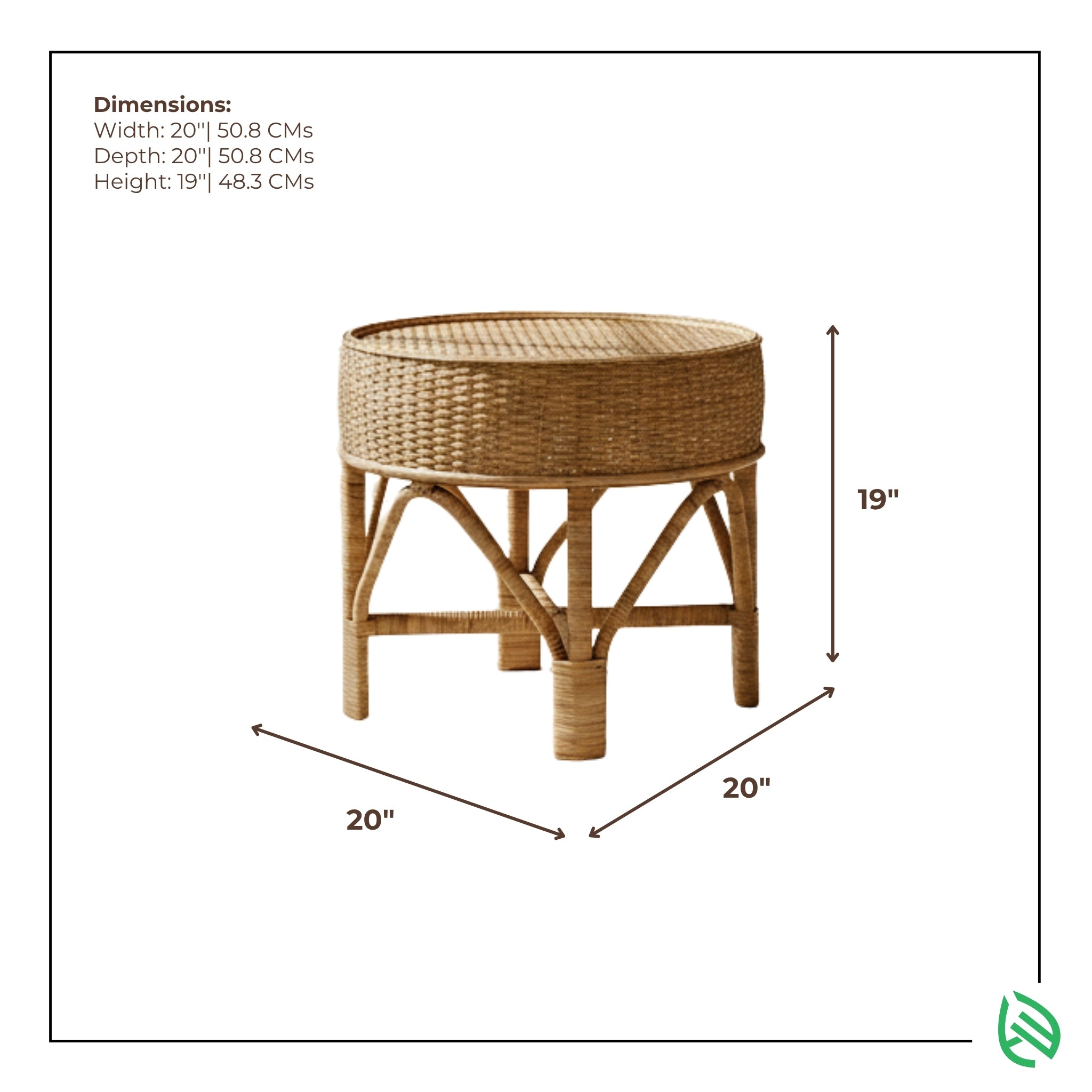 Dimensions diagram for Weavewood Coffee Table: width 20 in, depth 20 in, height 19 in; round natural rattan construction.