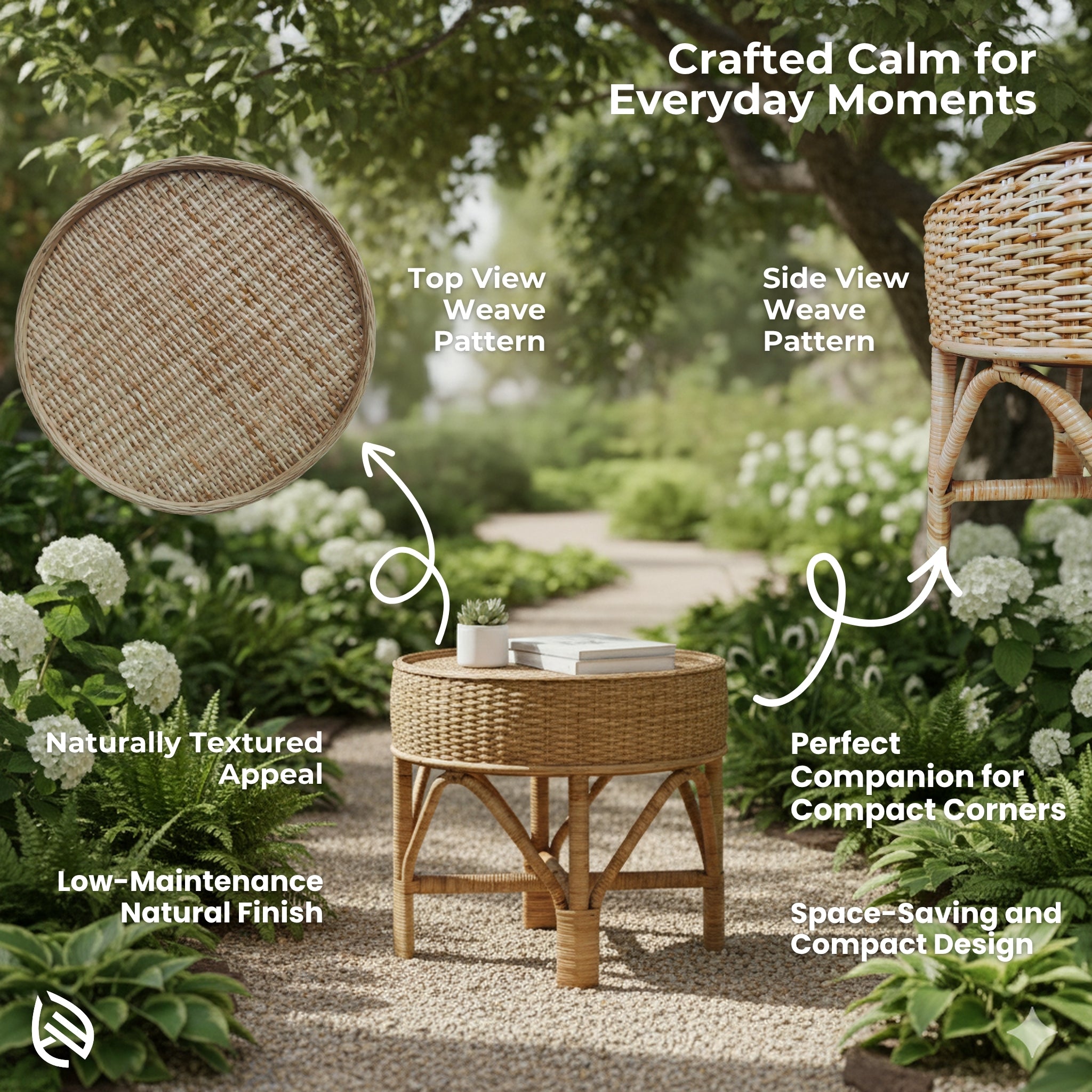 Feature graphic: Weavewood Coffee Table - handwoven natural rattan, compact round design with arched legs for modern interiors.