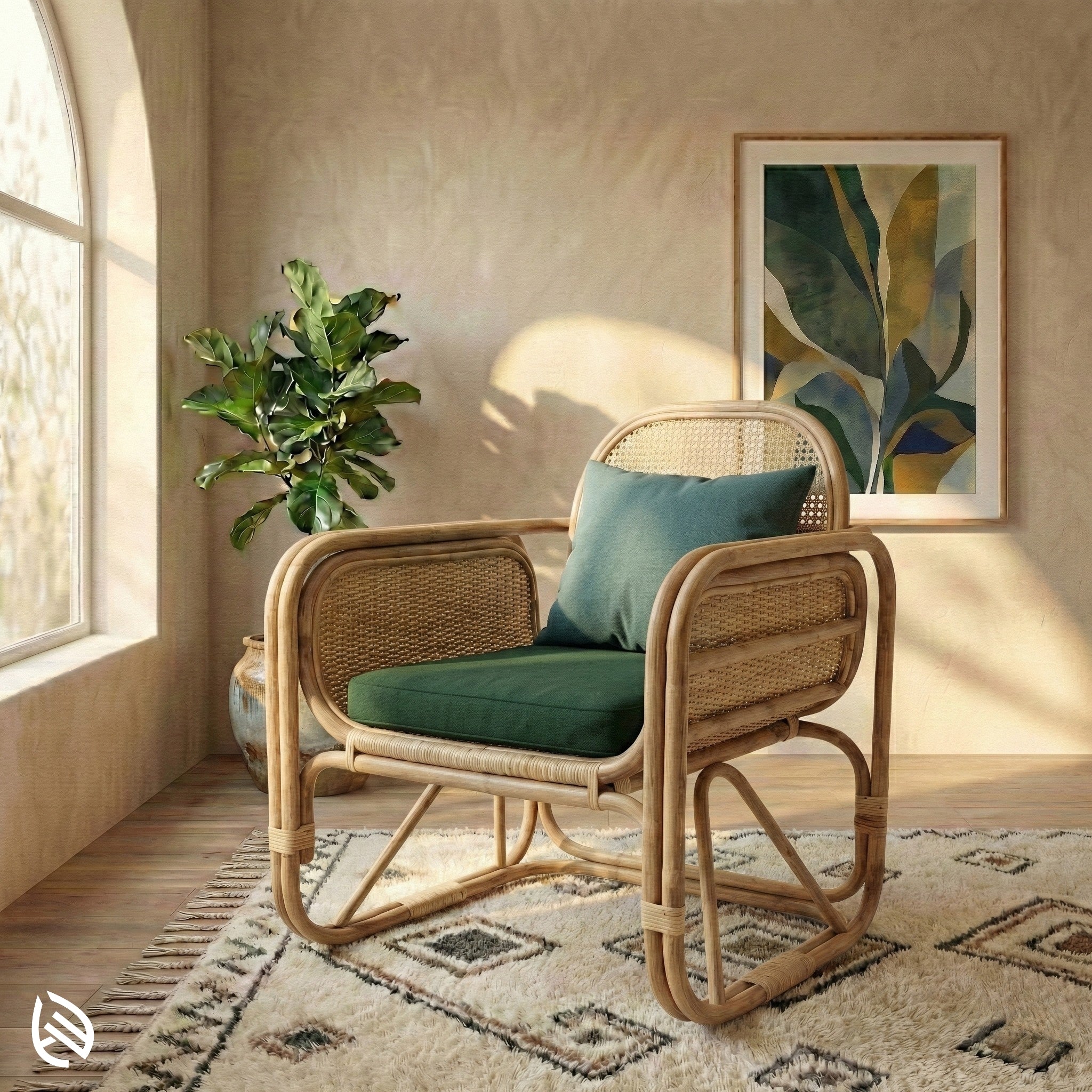 Wicker chair with green cushions in a room with a plant and artwork on the wall.