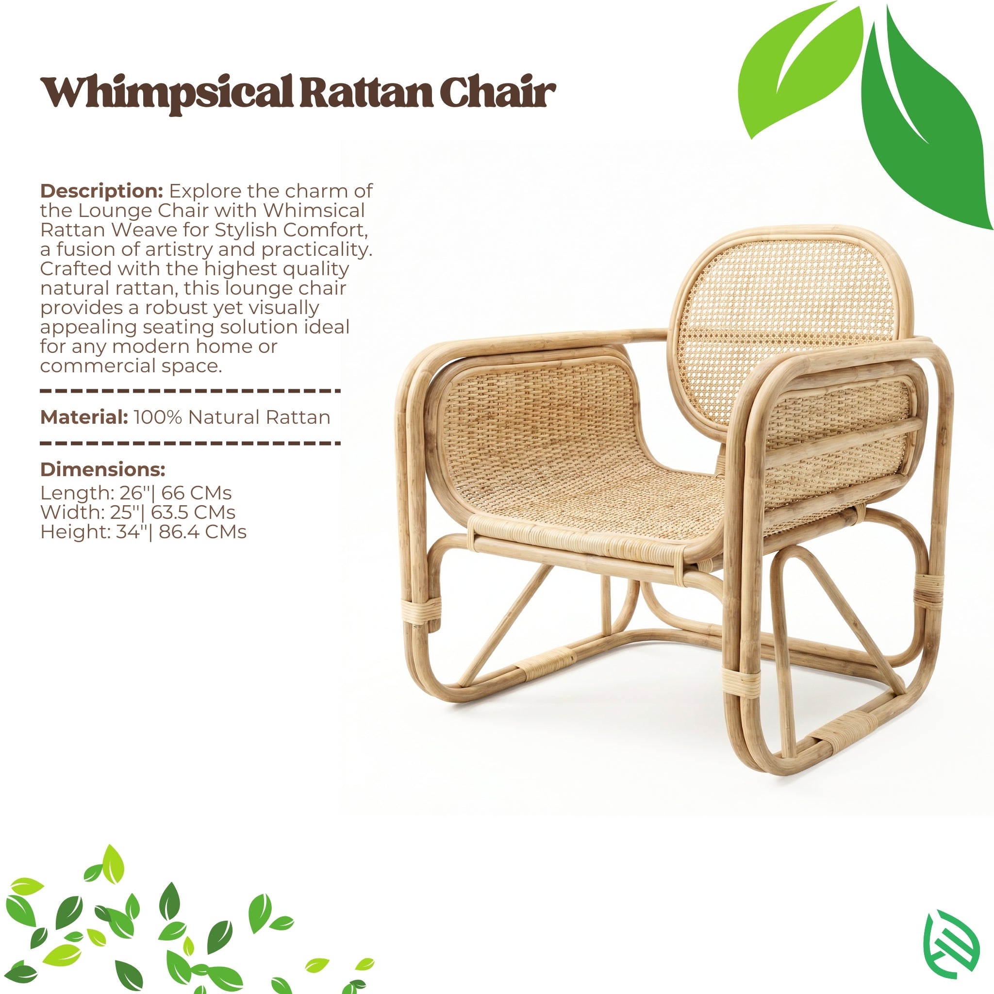 Whimsical Rattan Chair with product details on a white background