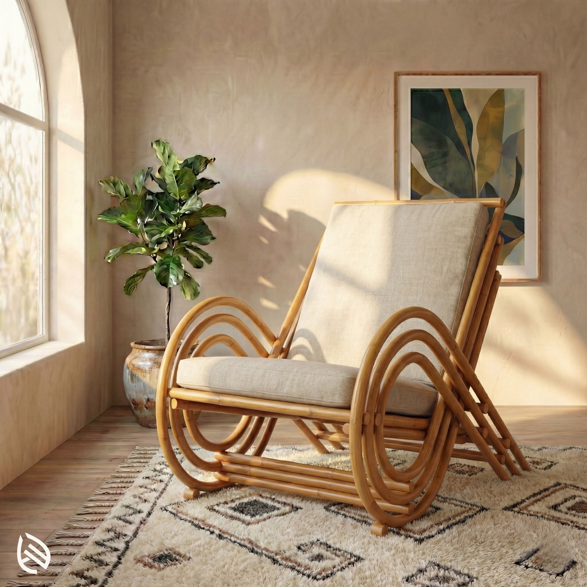 Rattan chair with beige cushion in a room with a plant and framed artwork.