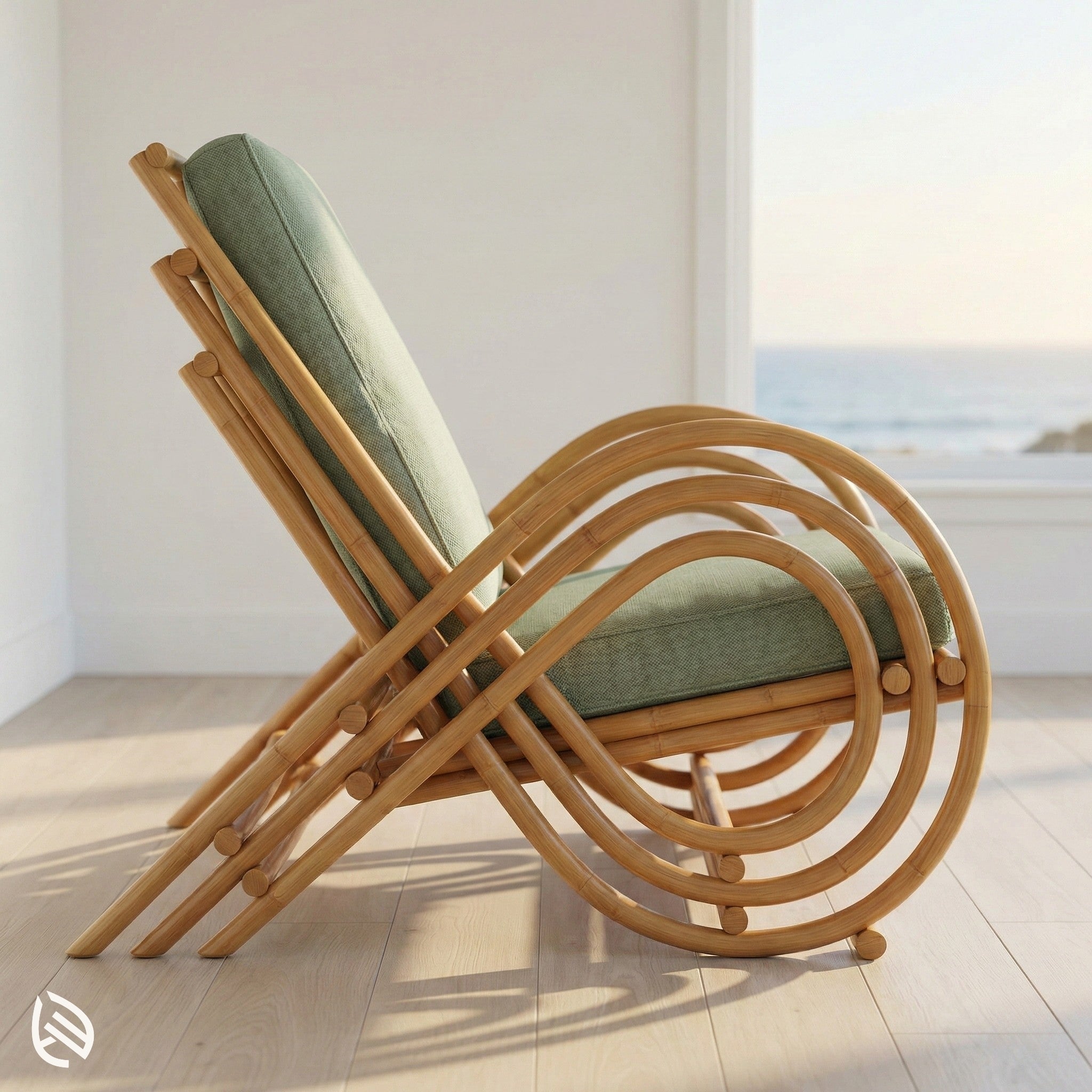 Modern wooden chair with green cushion on a light wooden floor.