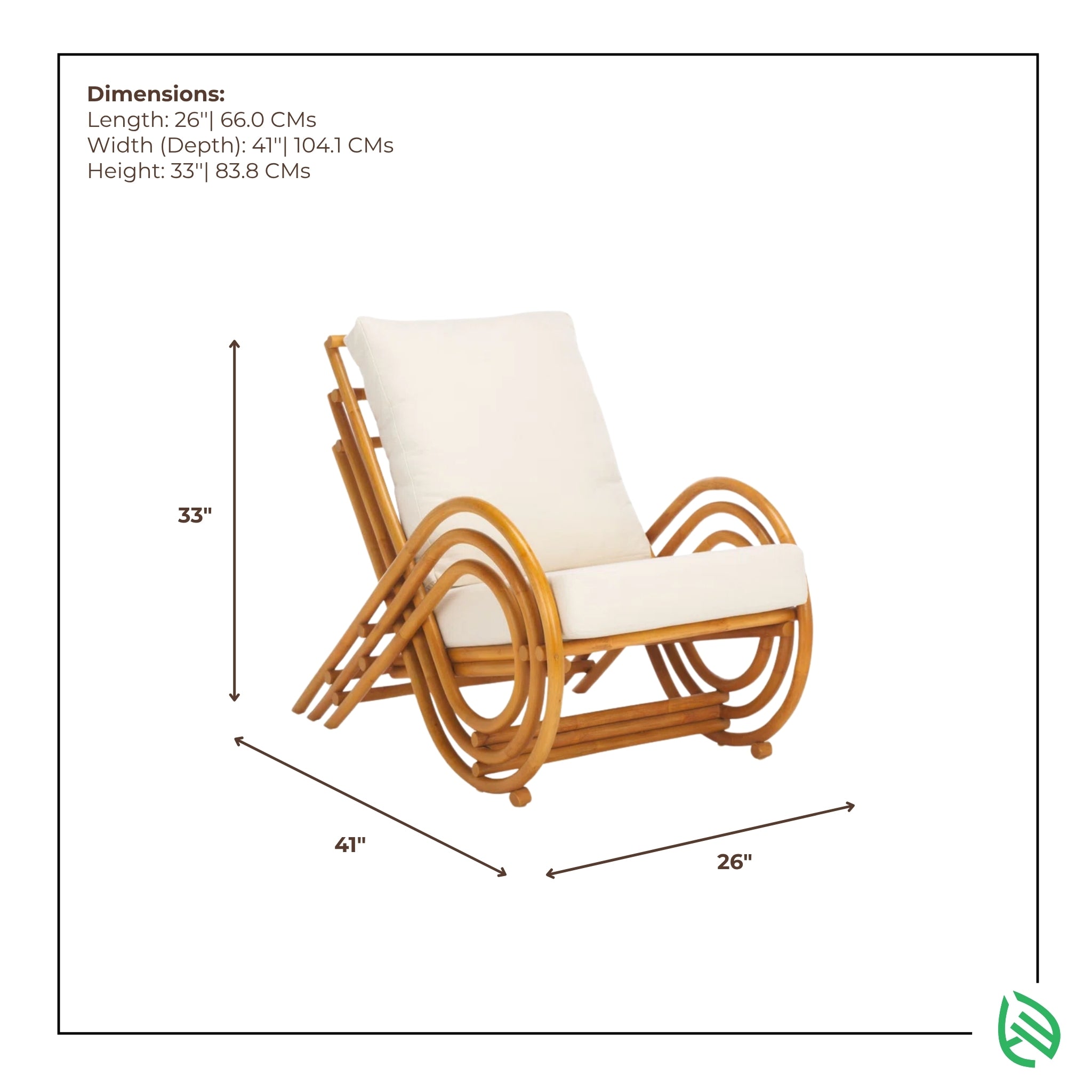 Dimensions graphic of Wicker Whisper rattan chair 26x41x33 inches
