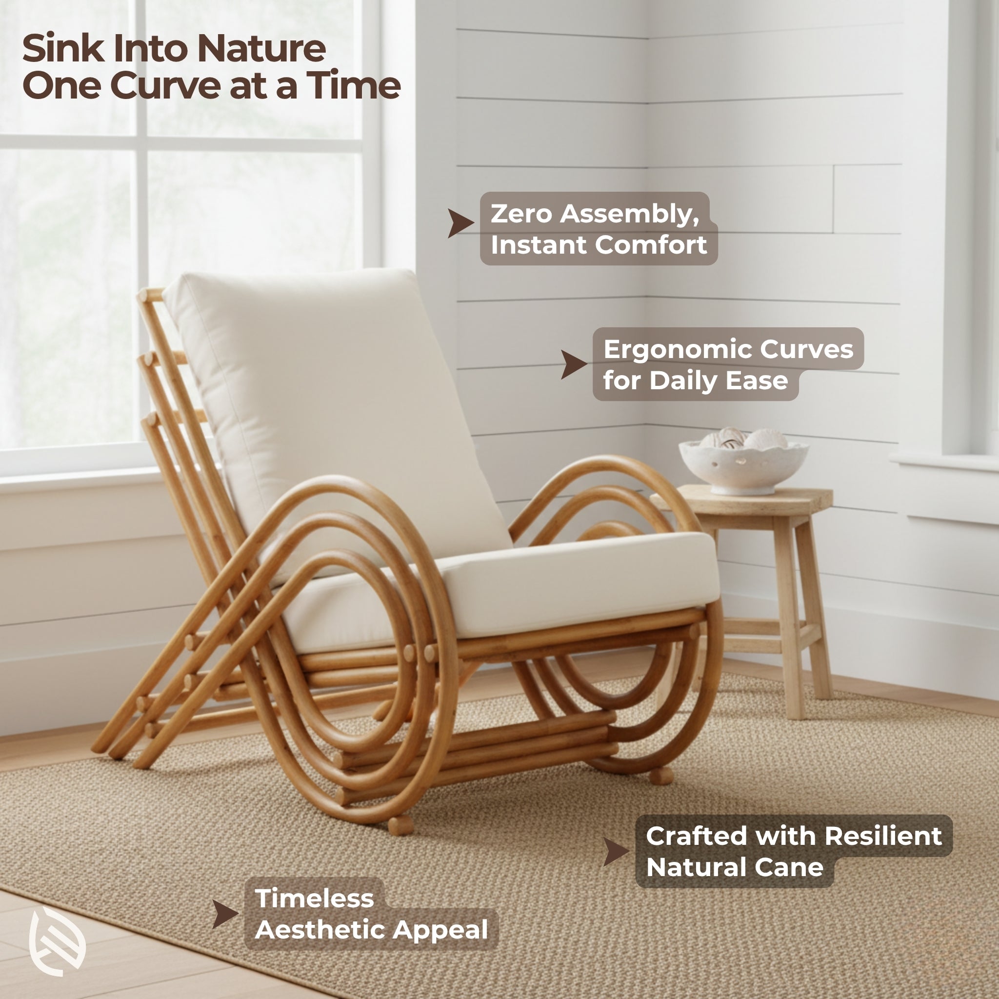 Rattan chair lifestyle shot with captions: zero assembly, ergonomic curves, natural cane