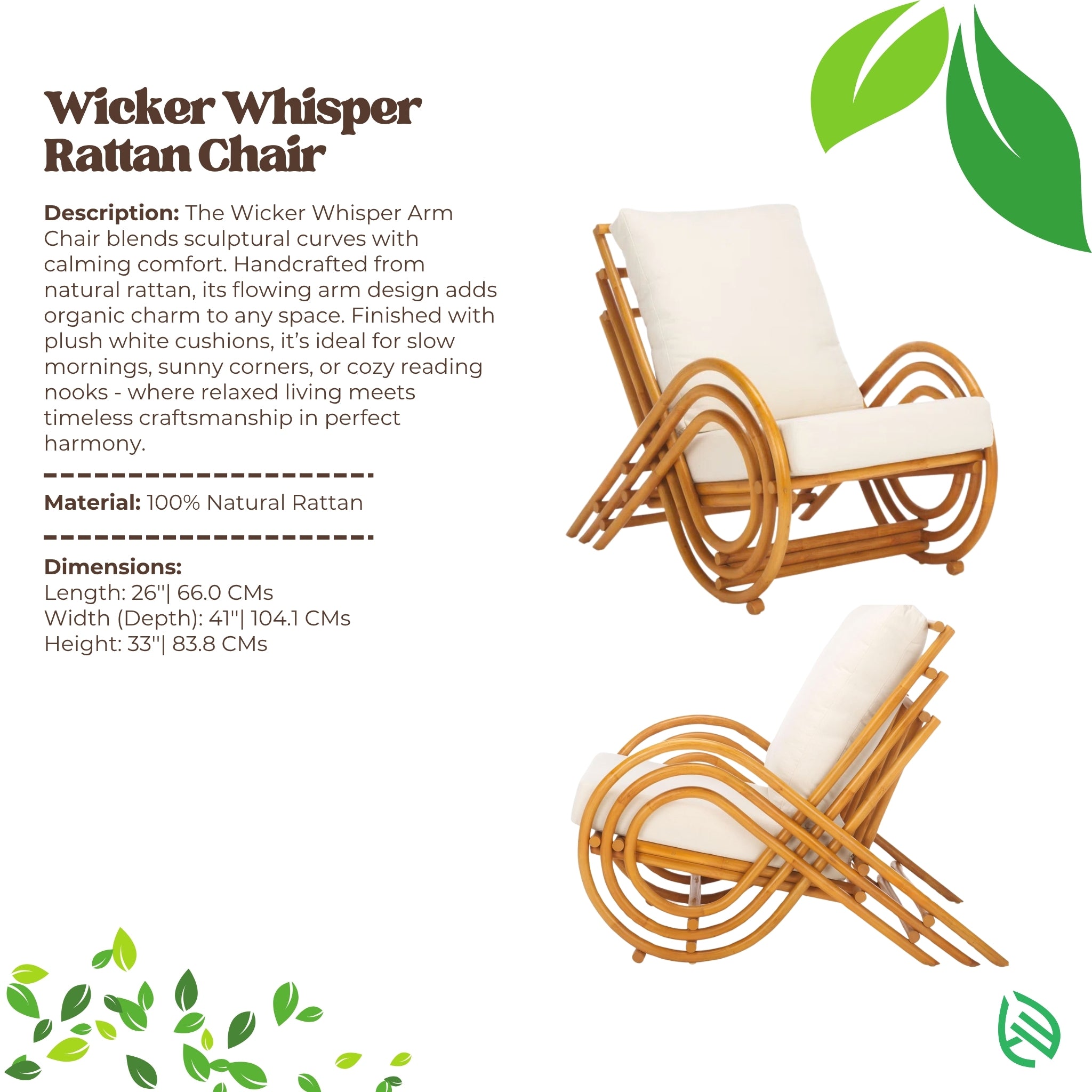 Wicker Whisper Rattan Chair with product description and specifications on a white background
