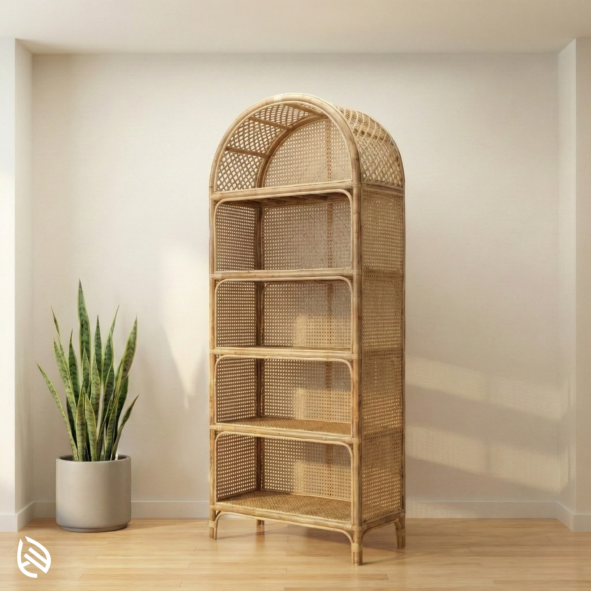 Rattan Rack with a plant on a wooden floor against a beige wall