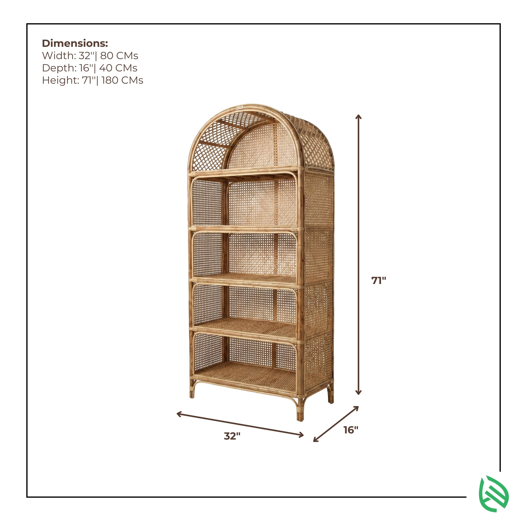 Rattan bookshelf with dimensions indicated on a white background