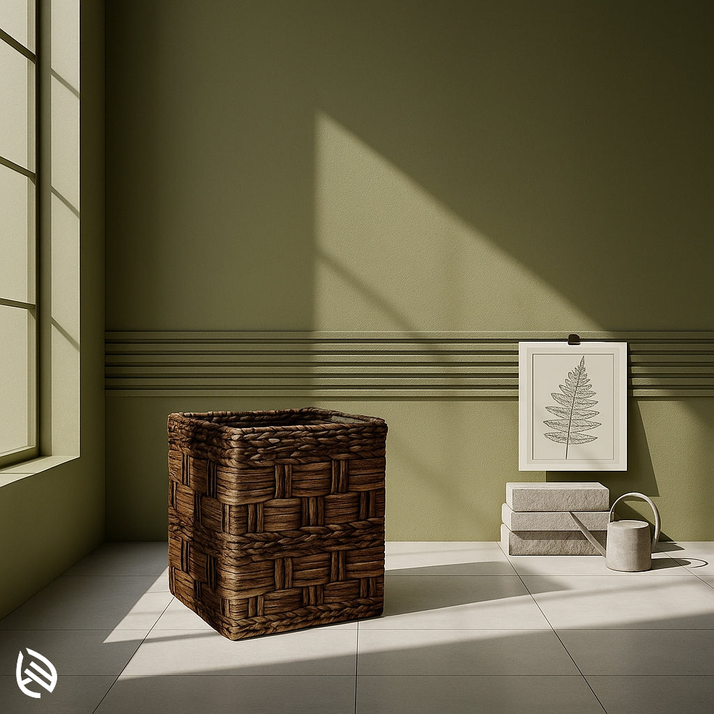 Square basket-style planter made from dark-toned water hyacinth, perfect for rustic or contemporary decor themes
